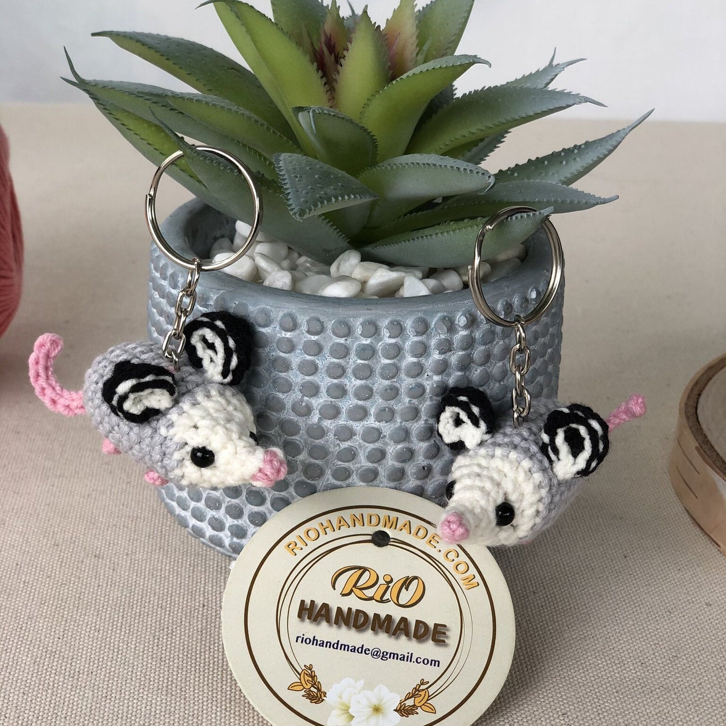 Handmade possum car rearview mirror charm crochet amigurumi, opossum keychain, plushie toy, gift, car hanging accessory