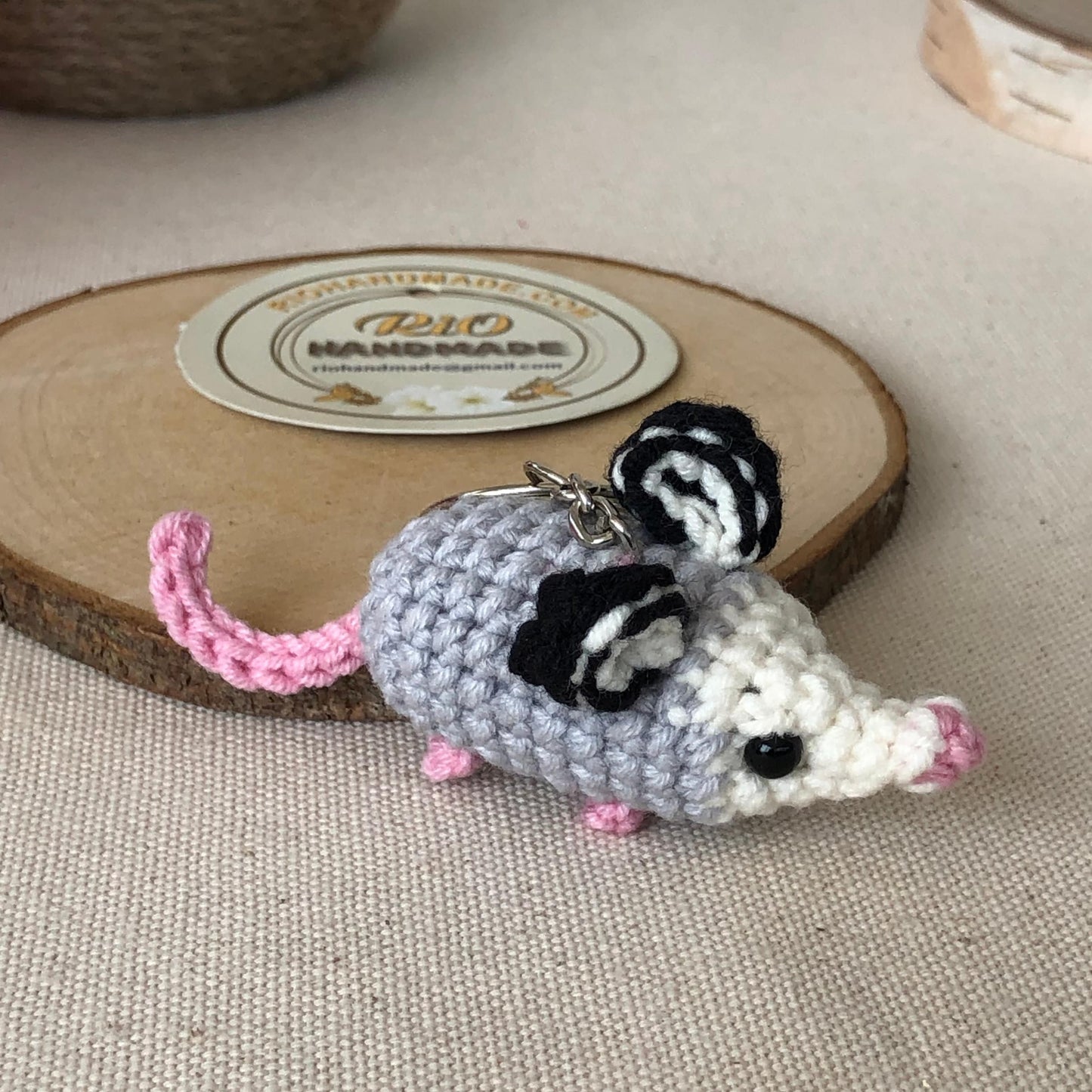 Handmade possum car rearview mirror charm crochet amigurumi, opossum keychain, plushie toy, gift, car hanging accessory