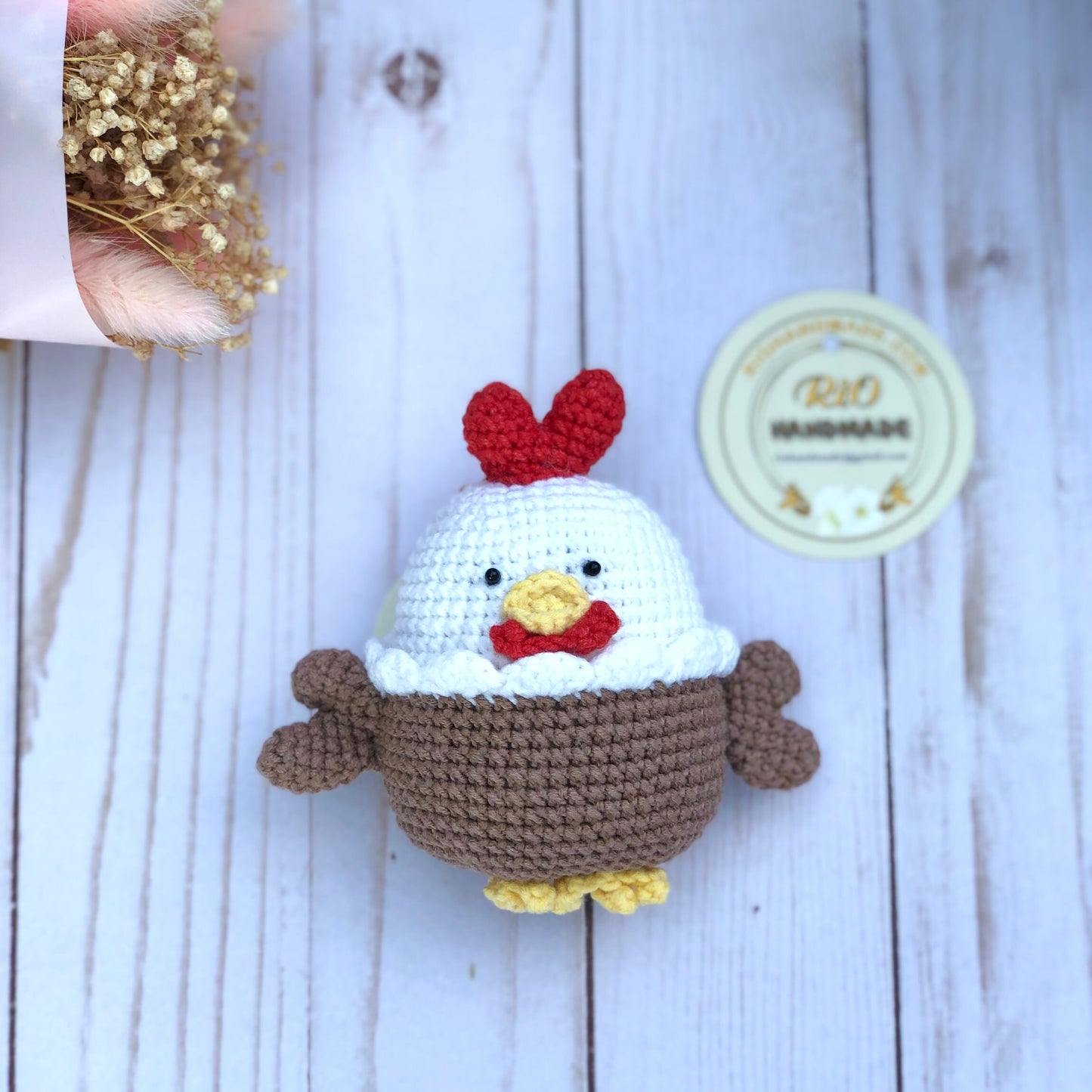 Handmade crochet chicken, pom bag charm, amigurumi rooster, cute, soft toy for baby, toddler, kid, adult hobby