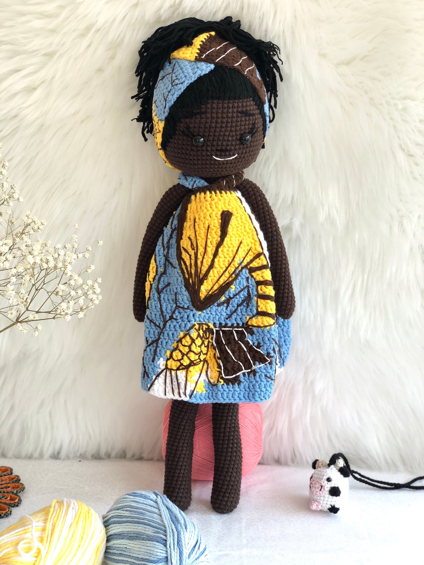 Handmade doll crochet, amigurumi African American, cute, soft toy for baby, toddler, kid, adult hobby