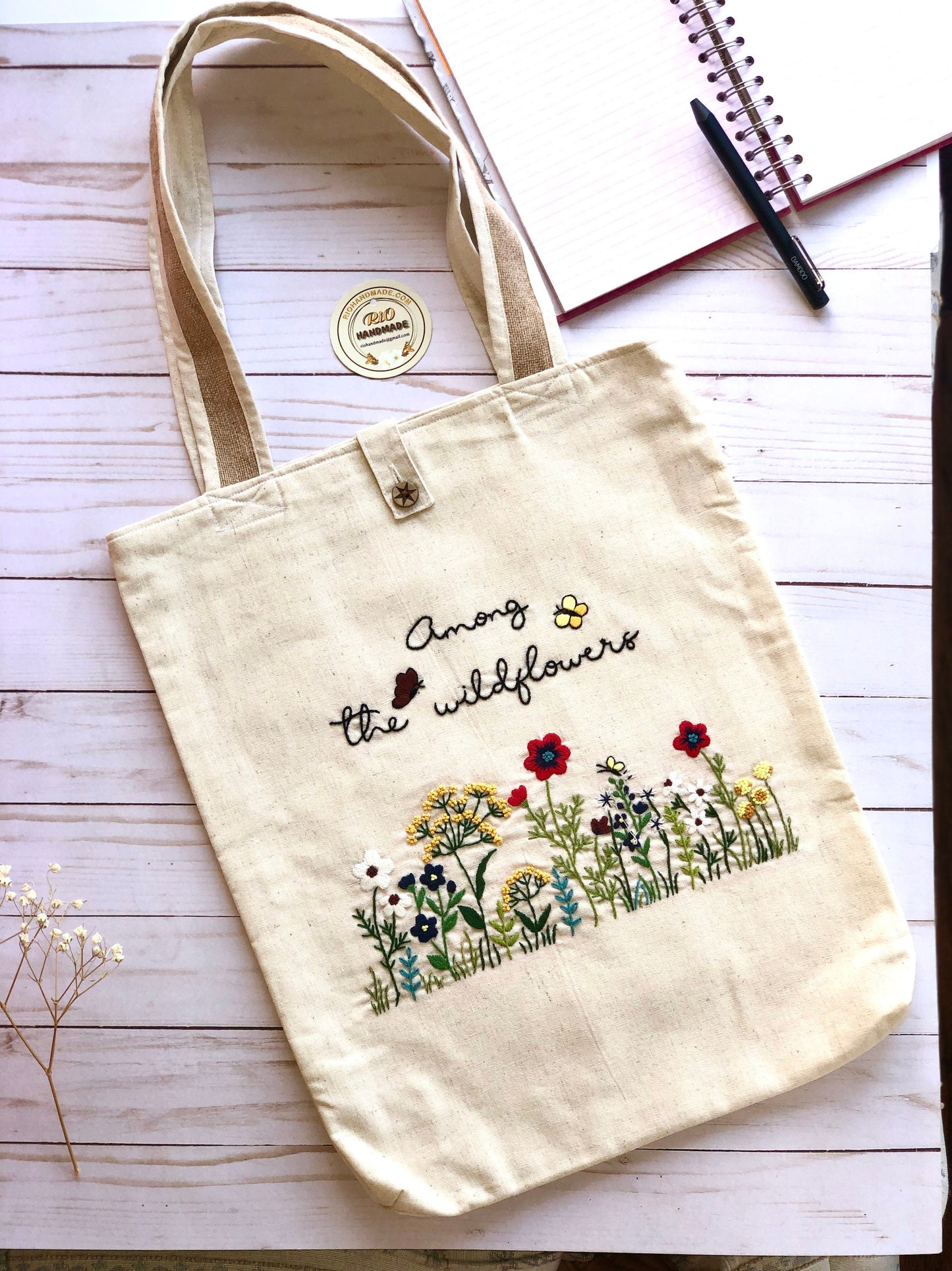 Handmade Linen Embroidery Among WildFlowers, Floral Tote Bag