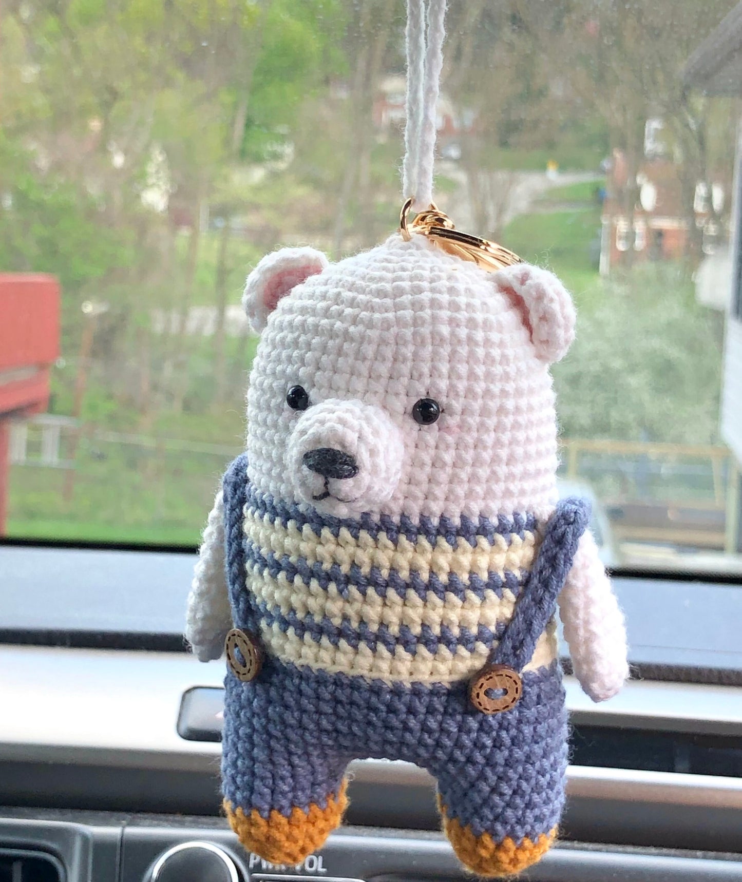 Handmade bear crochet keychain, pom bag charm, car rear view hanging mirrior, amigurumi, cute gift.