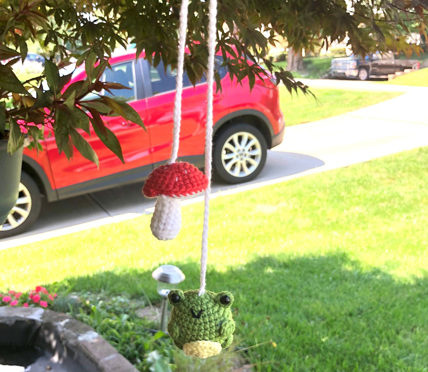 Handmade car rearview mirror charm crochet, amigurumi frog and mushroom, cute car charm