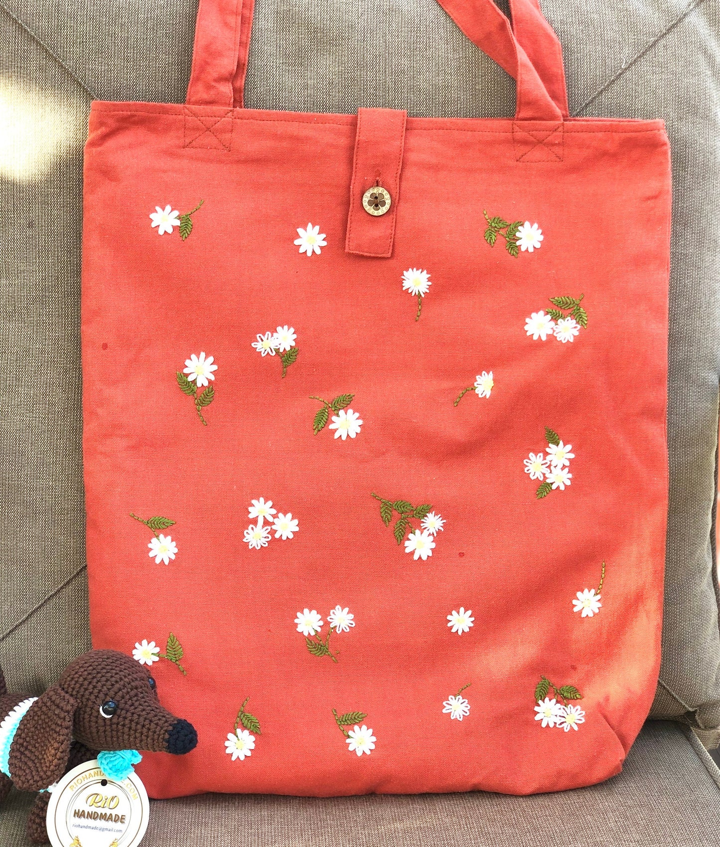 Handmade Linen Embroidery Flower Tote Bag