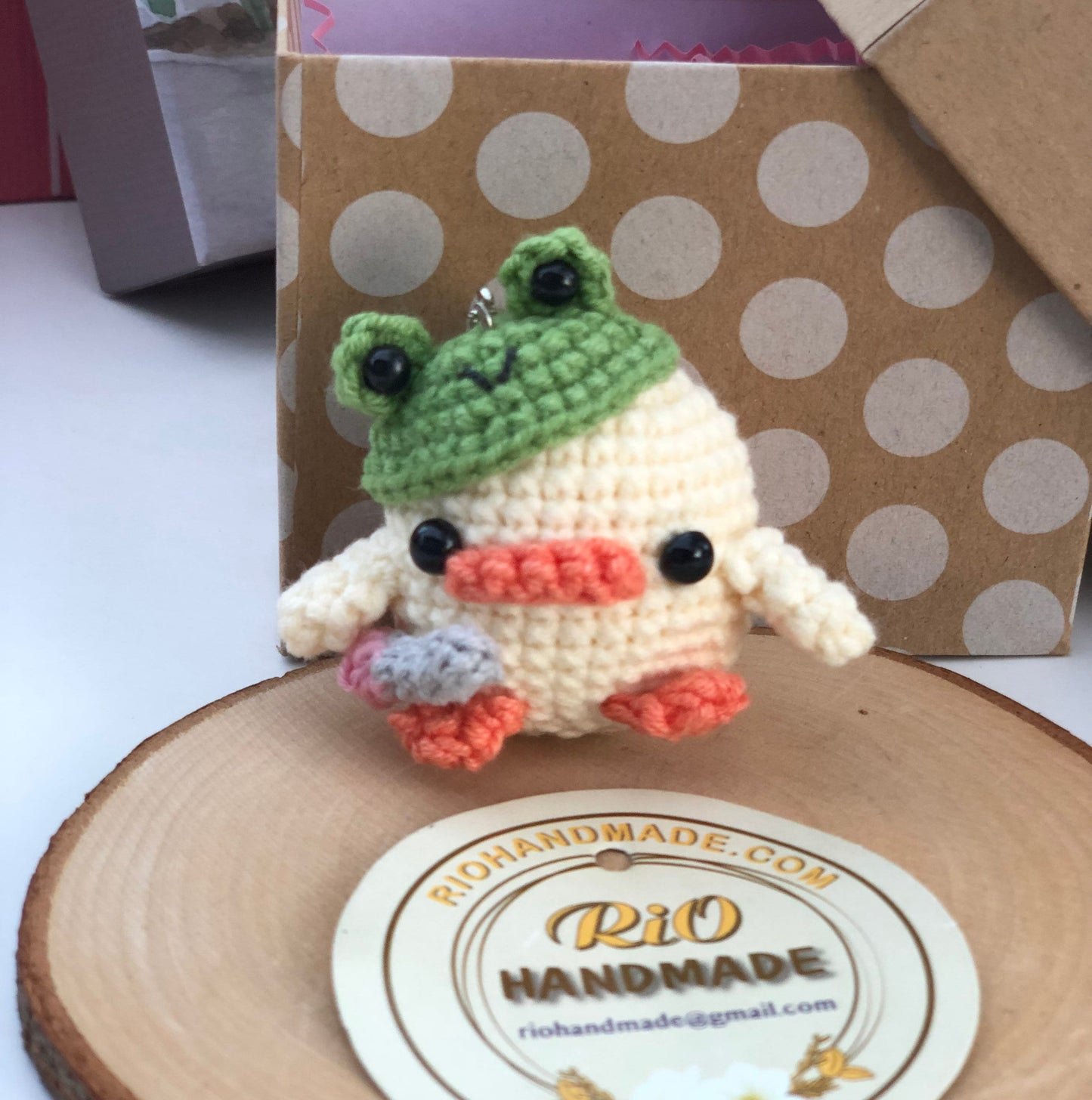 Rio Handmade duck in frog hat crochet keychain, duck with knife meme amigurumi, plushie toy, ducky meme gift, duck with frog hat, cute gift