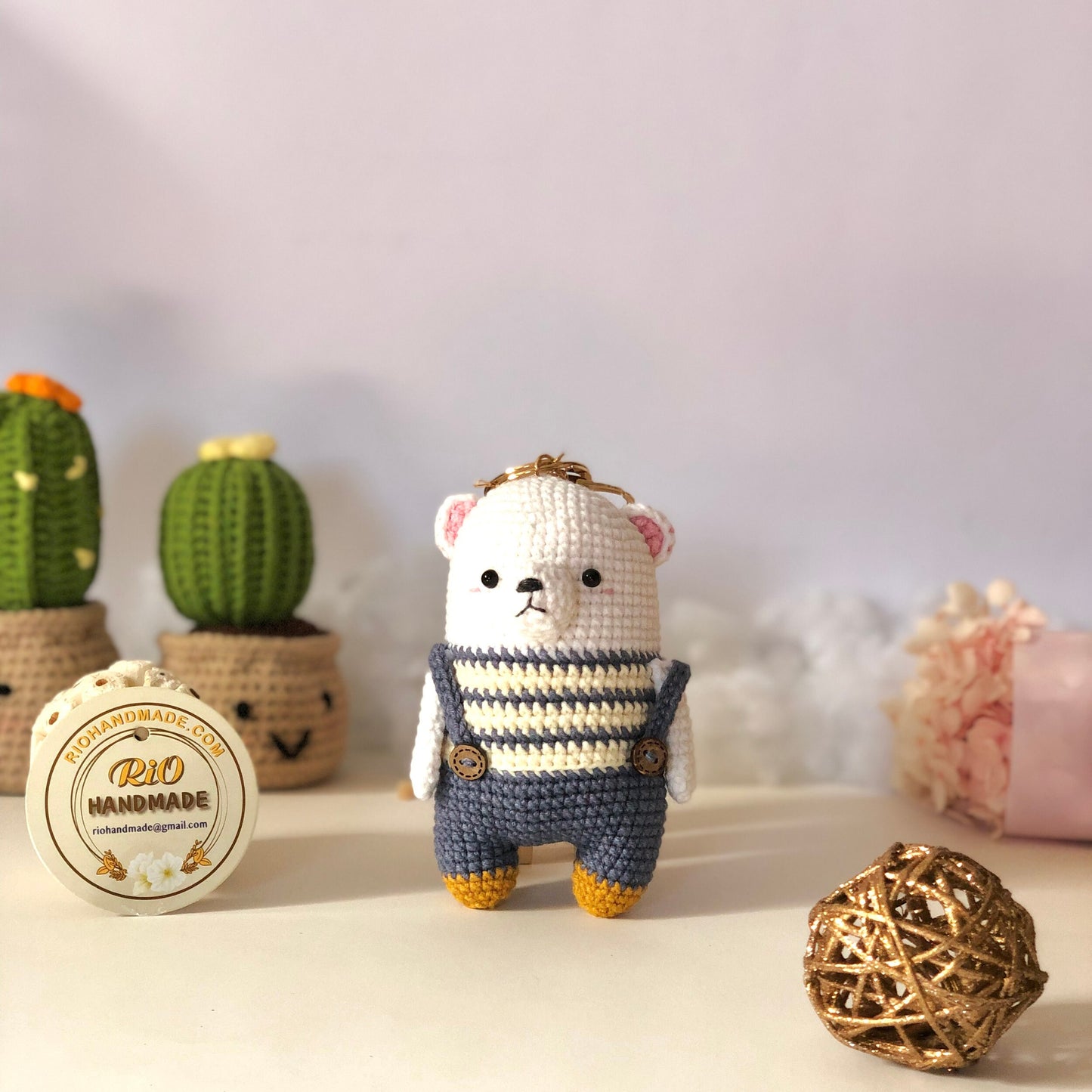 Handmade bear crochet keychain, pom bag charm, car rear view hanging mirrior, amigurumi, cute gift.
