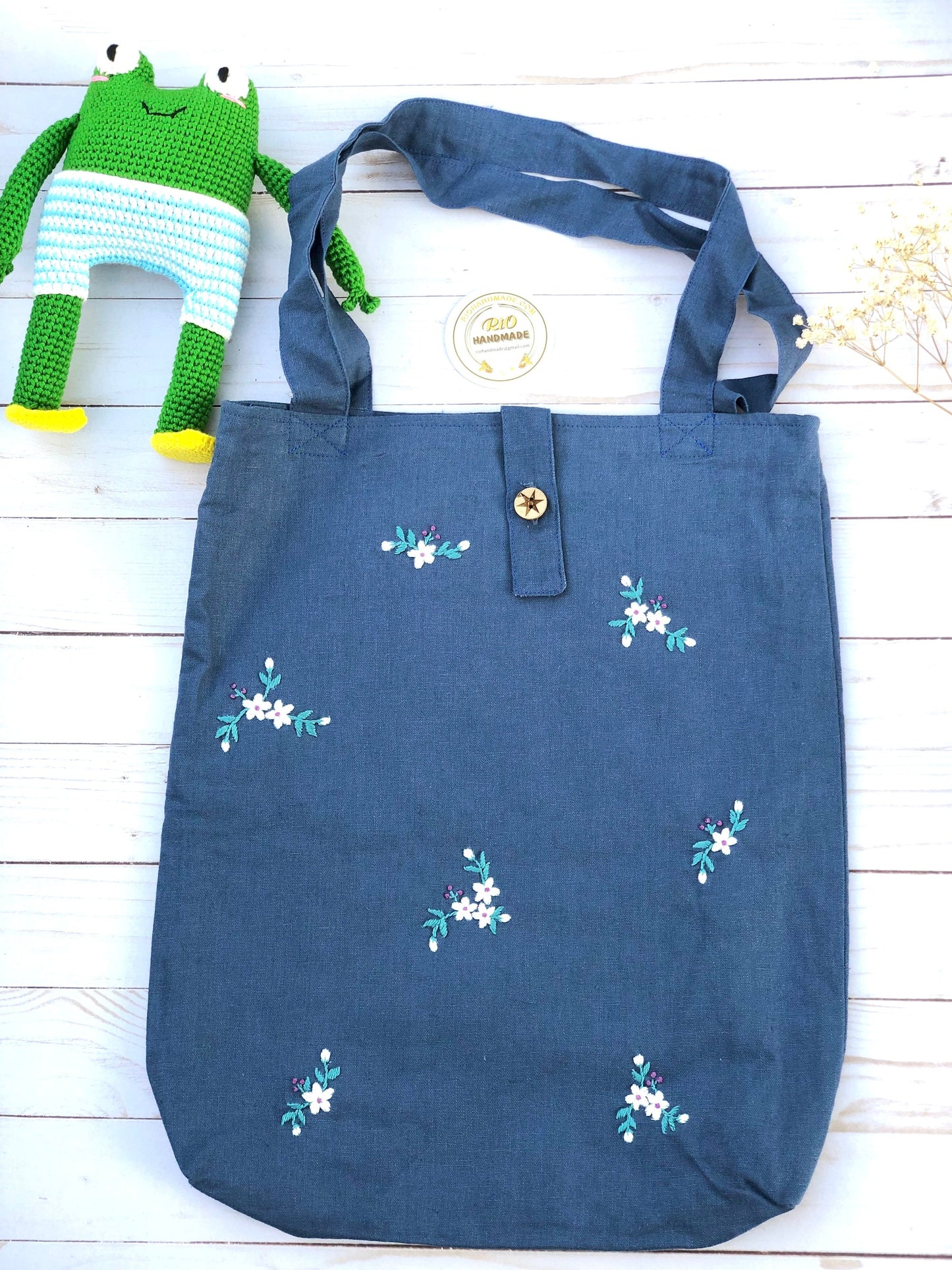 Handmade Linen Embroidery Floral Tote Bag Wild Flowers
