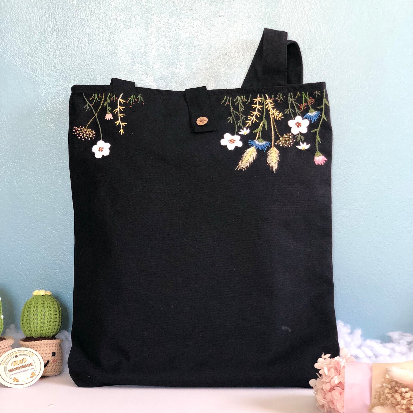 Handmade Embroidery Floral Linen Tote Bag Flowers
