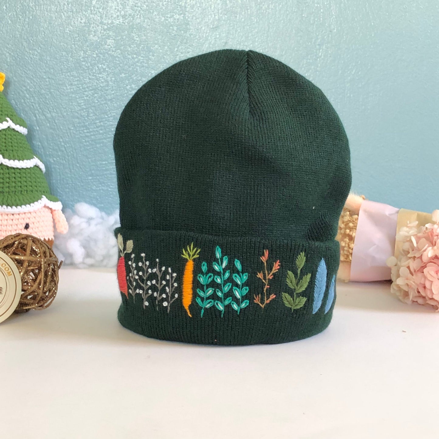 Hand embroidered Beanie, Winter Hat, Plant Hat, Handmade Hat