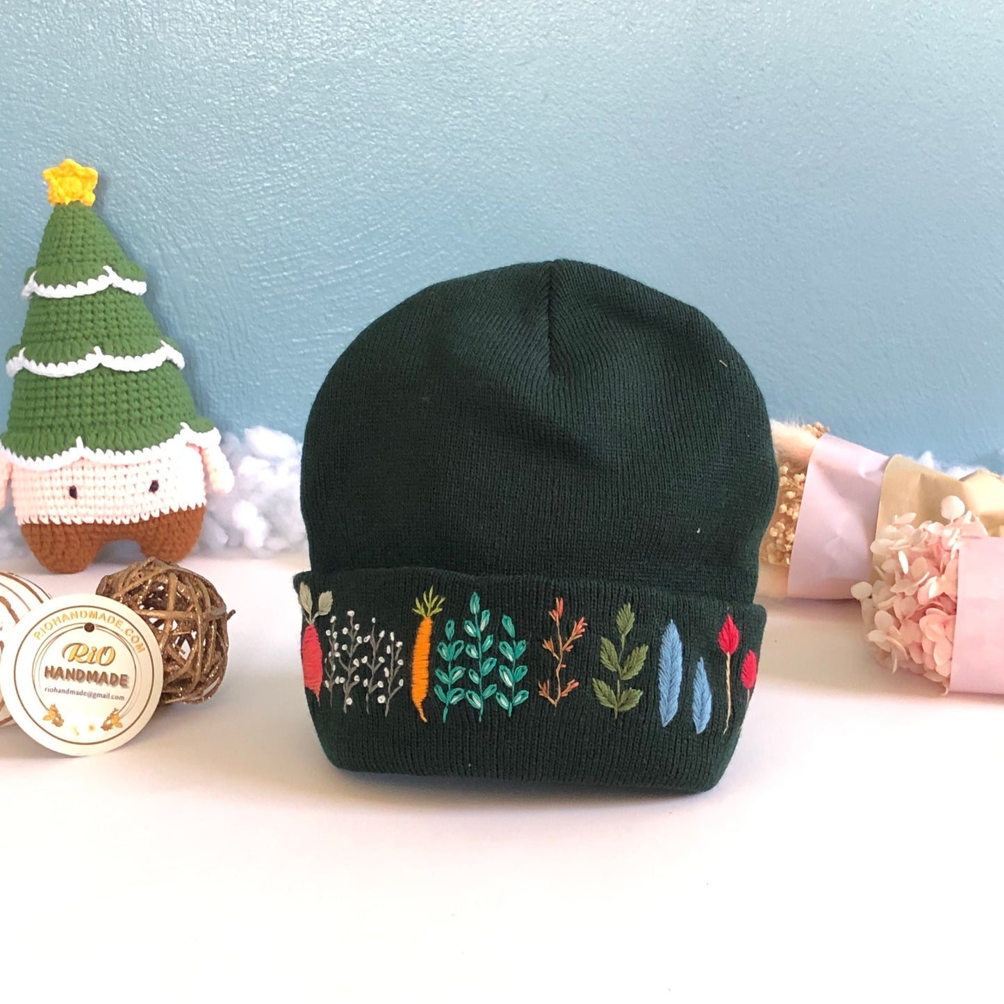 Hand embroidered Beanie, Winter Hat, Plant Hat, Handmade Hat