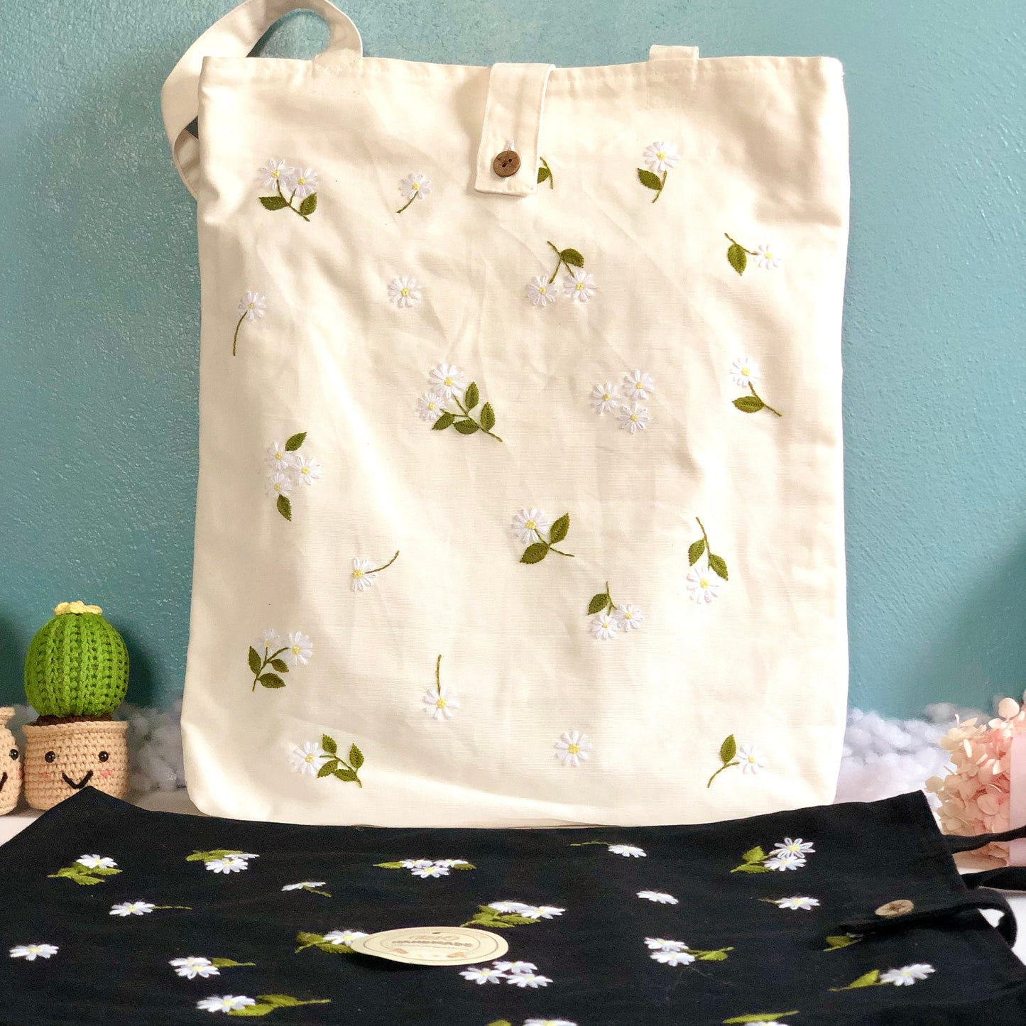 Handmade Linen Embroidery Flower Tote Bag