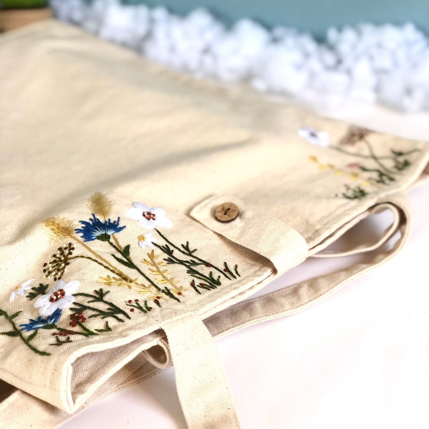 Handmade Embroidery Floral Linen Tote Bag Flowers