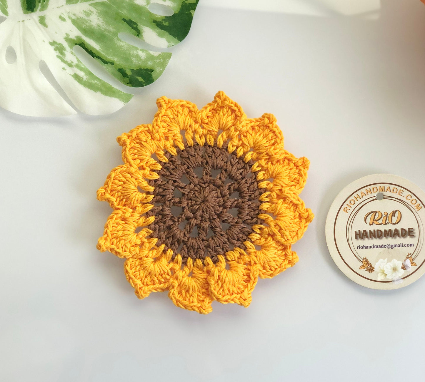Handmade Crochet Amigurumi Coaster, Sunflower Coaster, Set of 4 Coasters,  Housewarming Gift, Home Decor, Crochet