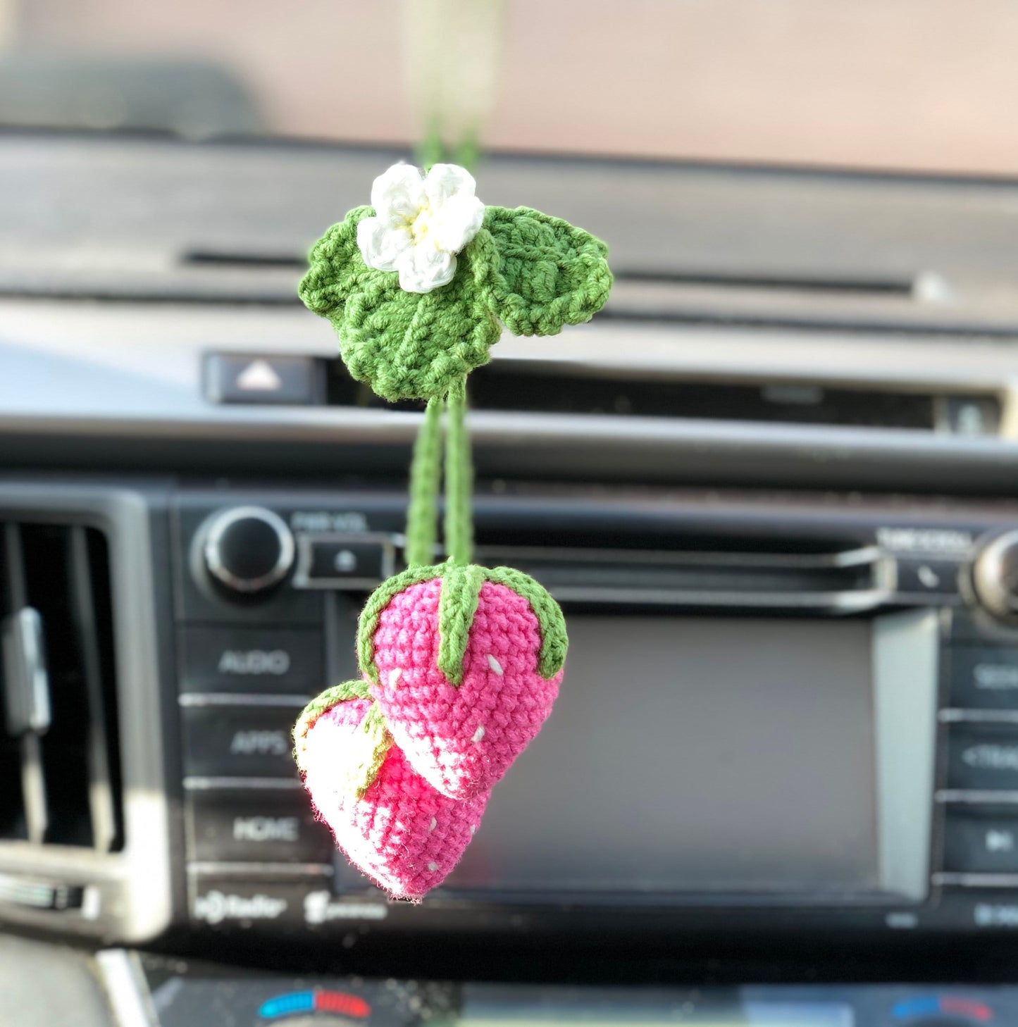 Handmade car rearview mirror charm, crochet strawberry, amigurumi strawberry, plushie toy, gift, car hanging accessory