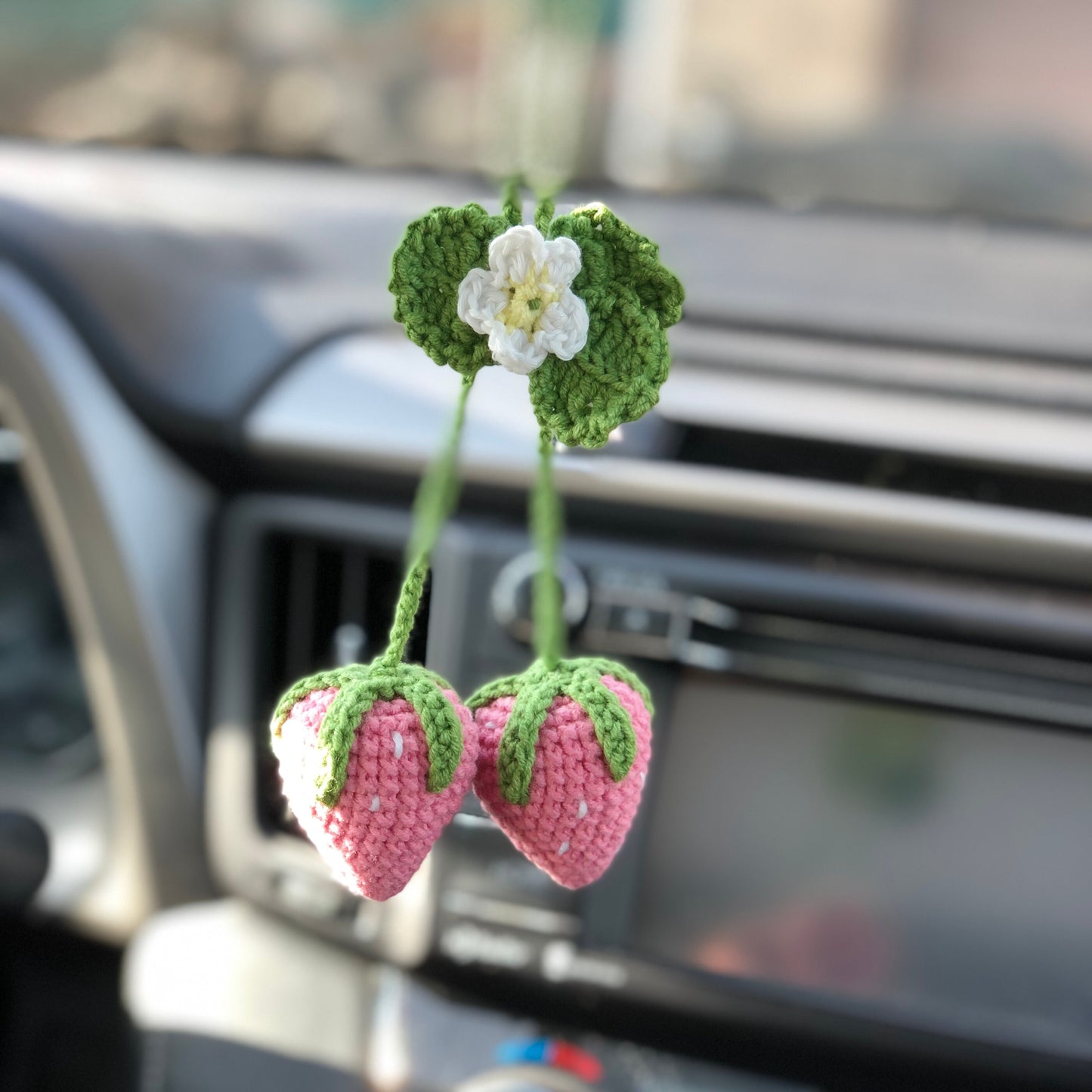 Handmade car rearview mirror charm, crochet strawberry, amigurumi strawberry, plushie toy, gift, car hanging accessory