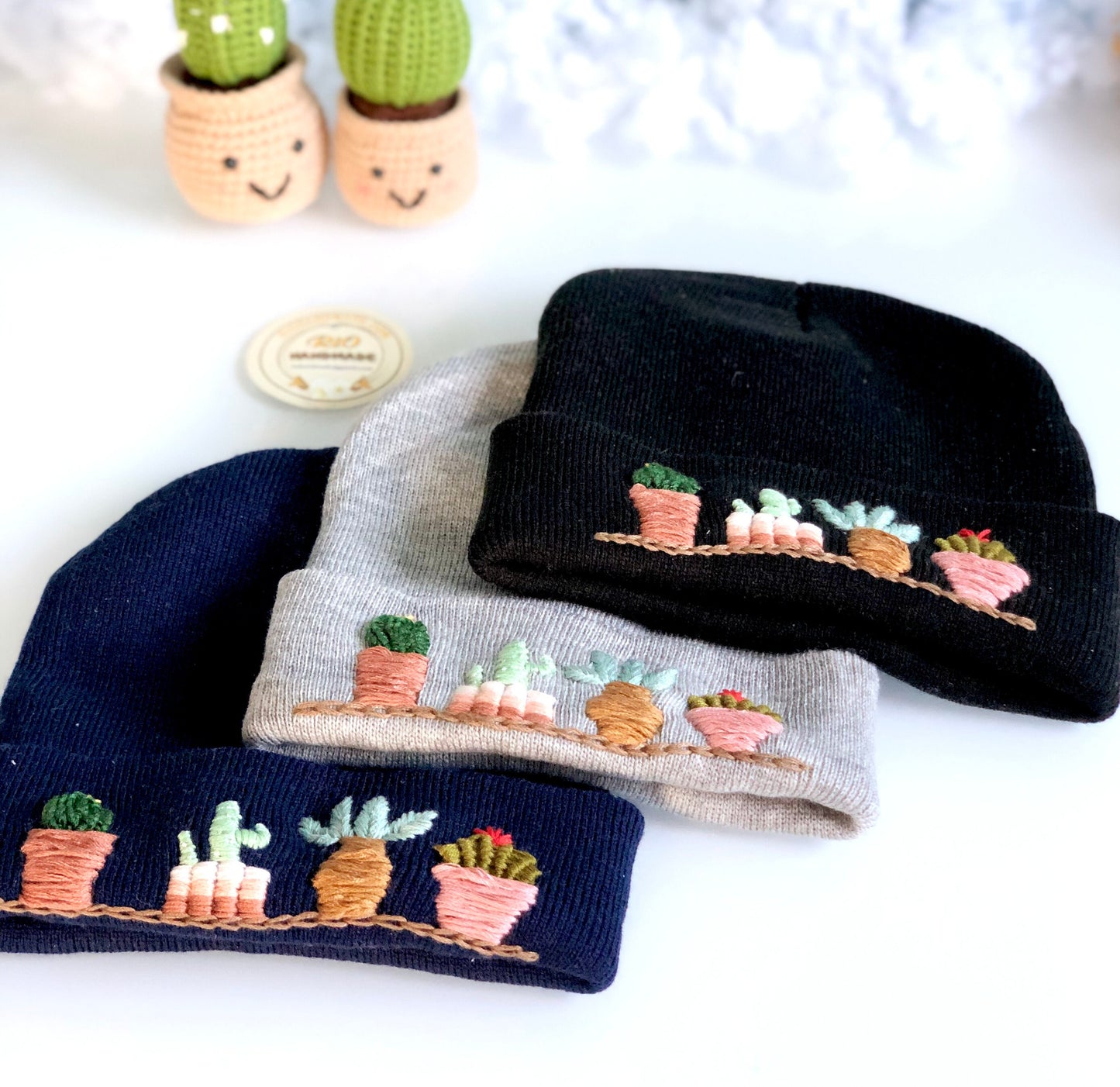 Hand embroidered Beanie, Winter Hat, Plant Hat, Handmade Hat, Cactus Embroidery