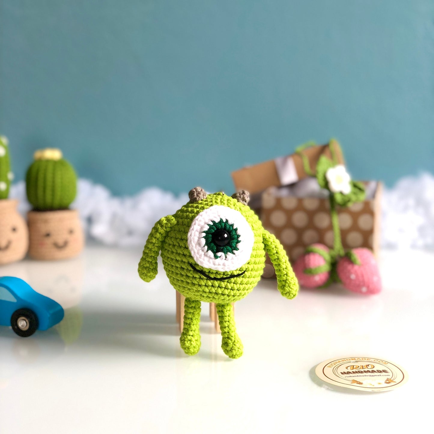 Handmade monster crochet keychain, amigurumi Mike Wazowski, inspired monster plushie toy, cute gift