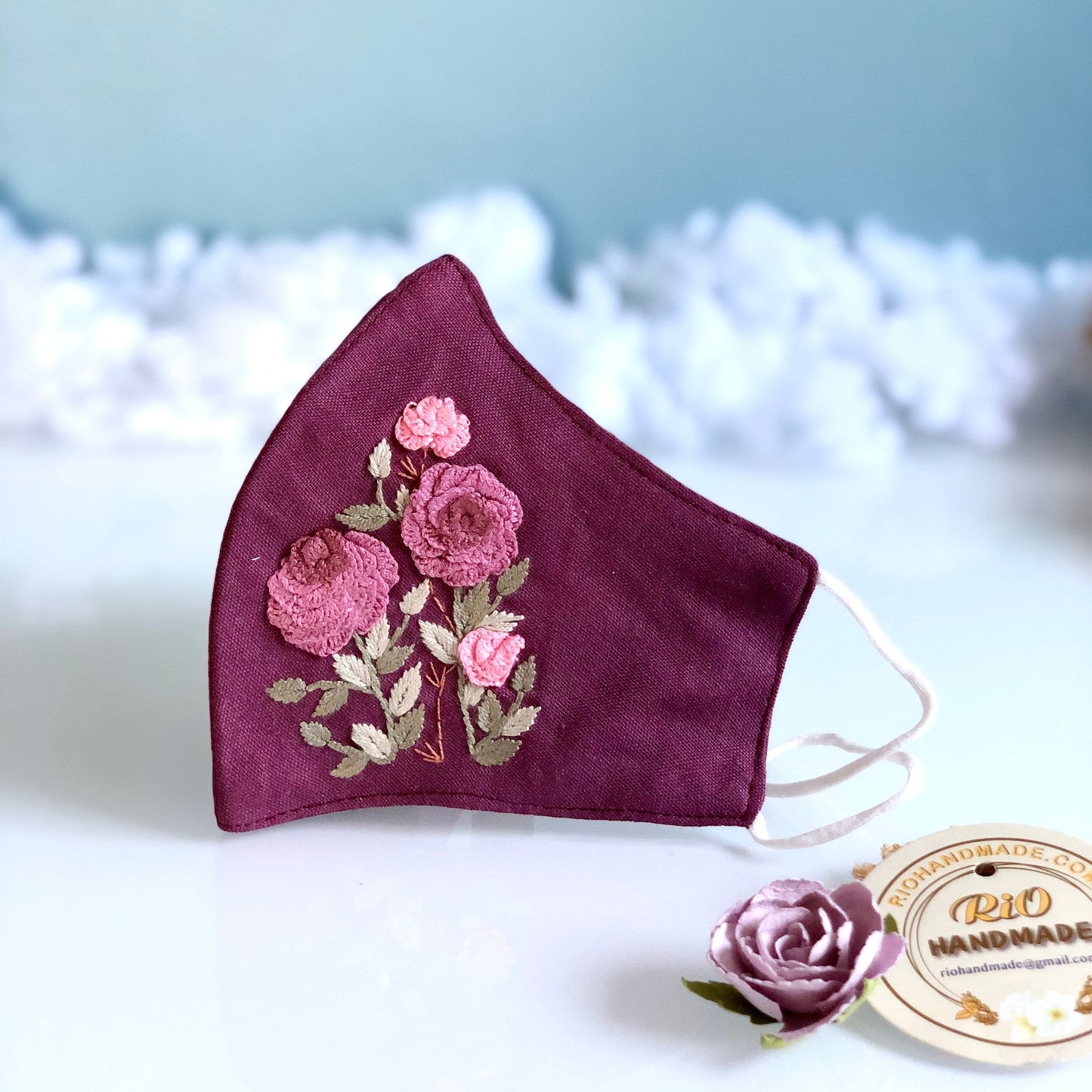 Handmade embroidery linen face mask, 3D Rose flowers embroidered, double layered linen face mask, high quality