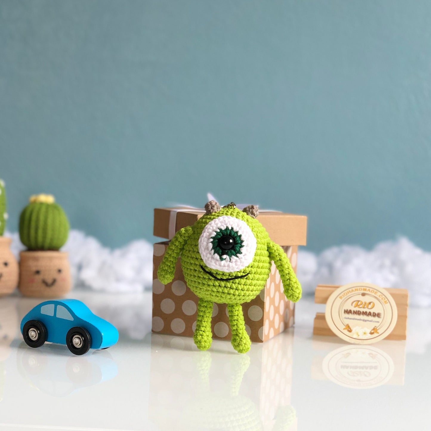 Handmade monster crochet keychain, amigurumi Mike Wazowski, inspired monster plushie toy, cute gift