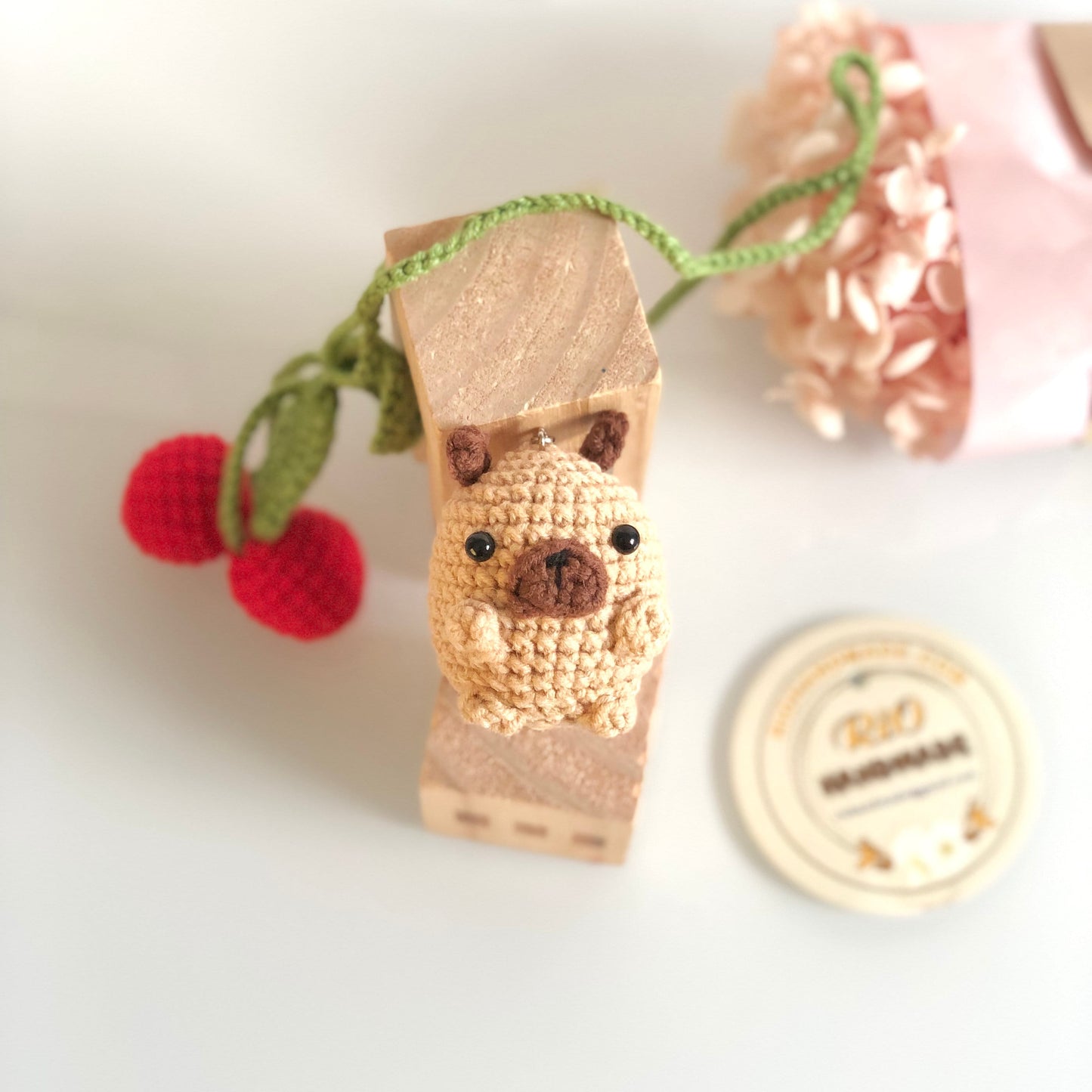 Handmade Pug keychain, Pug car rearview mirror charm crochet amigurumi, plushie toy, gift, car hanging accessory