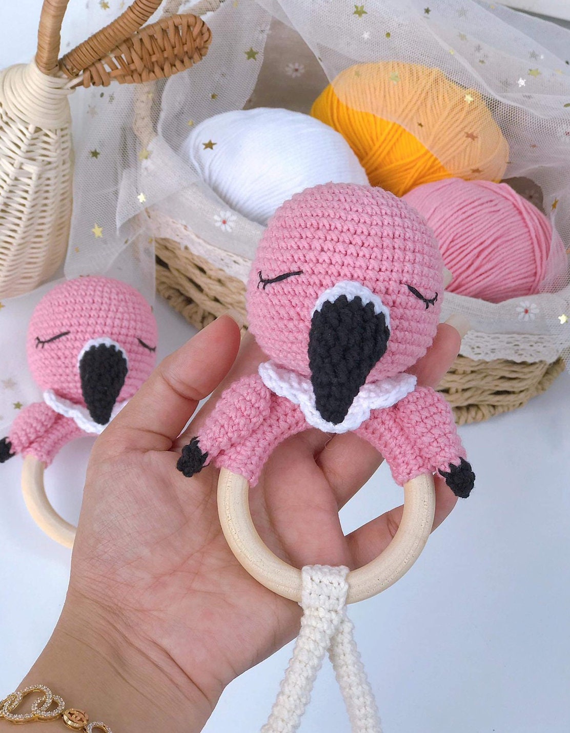 Rio Handmade Personalized Baby Gift, Flamingo Newborn Baby Rattle, Baby Crochet Rattle Gift, Toy Rattle With Name