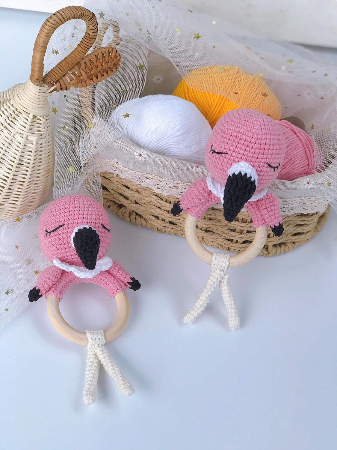 Rio Handmade Personalized Baby Gift, Flamingo Newborn Baby Rattle, Baby Crochet Rattle Gift, Toy Rattle With Name