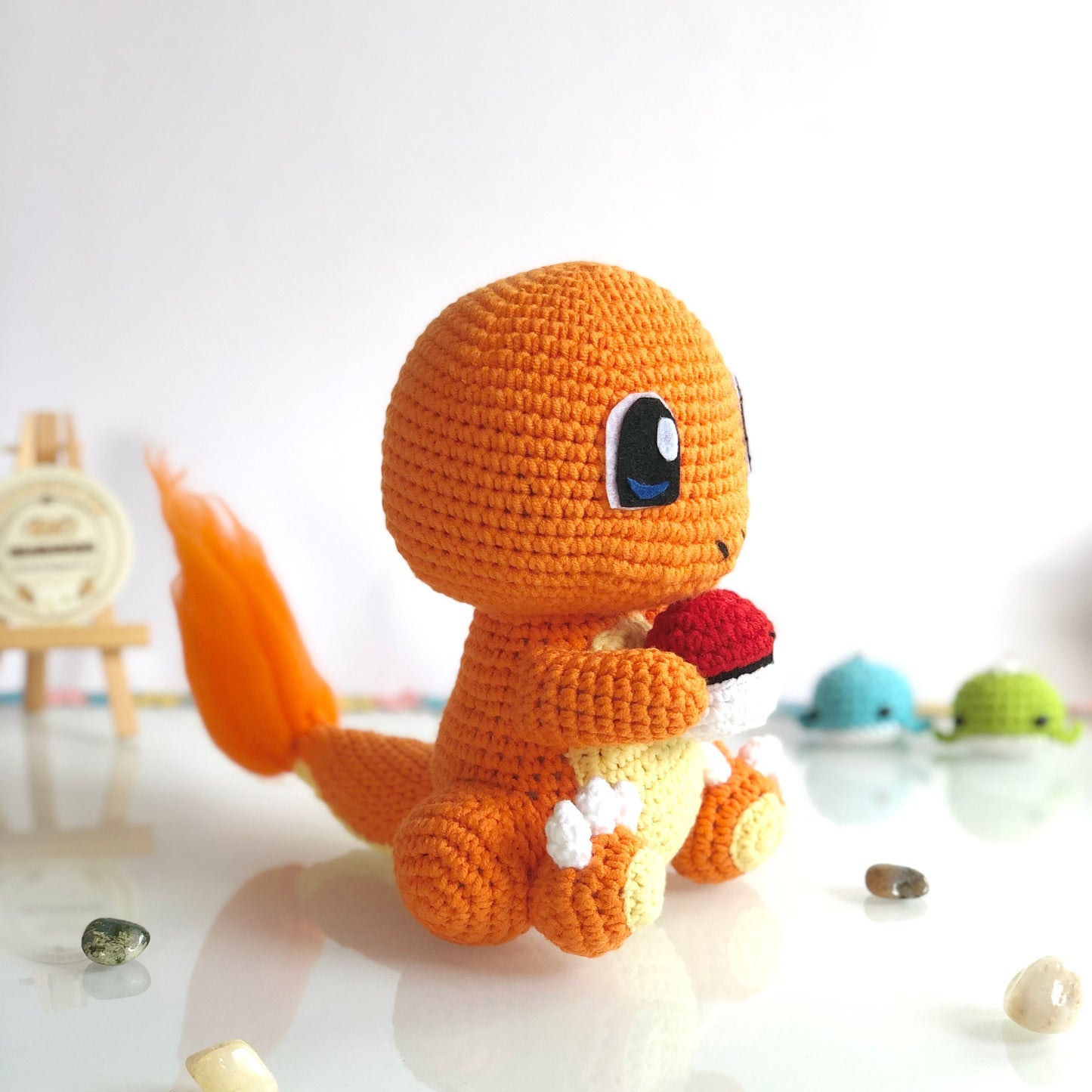 Handmade yarn cotton Charmander with ball inspired crochet, amigurumi, cute toy for kid, adult hobby,