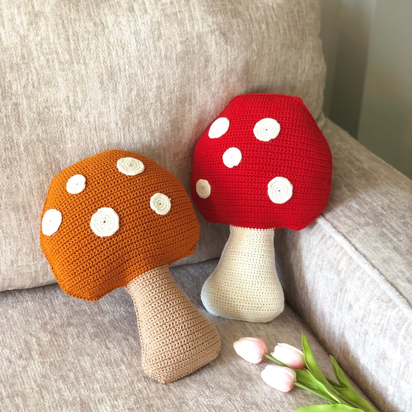 Handmade cotton yarn mushroom pillow crochet, home decor, amigurumi, decorative mushroom throw pillow