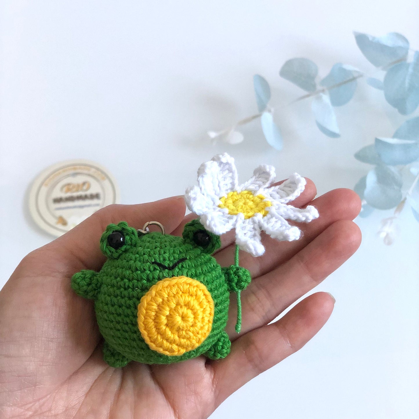 Rio Handmade yarn cotton frog mushroom crochet, amigurumi frog with daisy, cute frog, cute frog plush, home decor, adult hobby