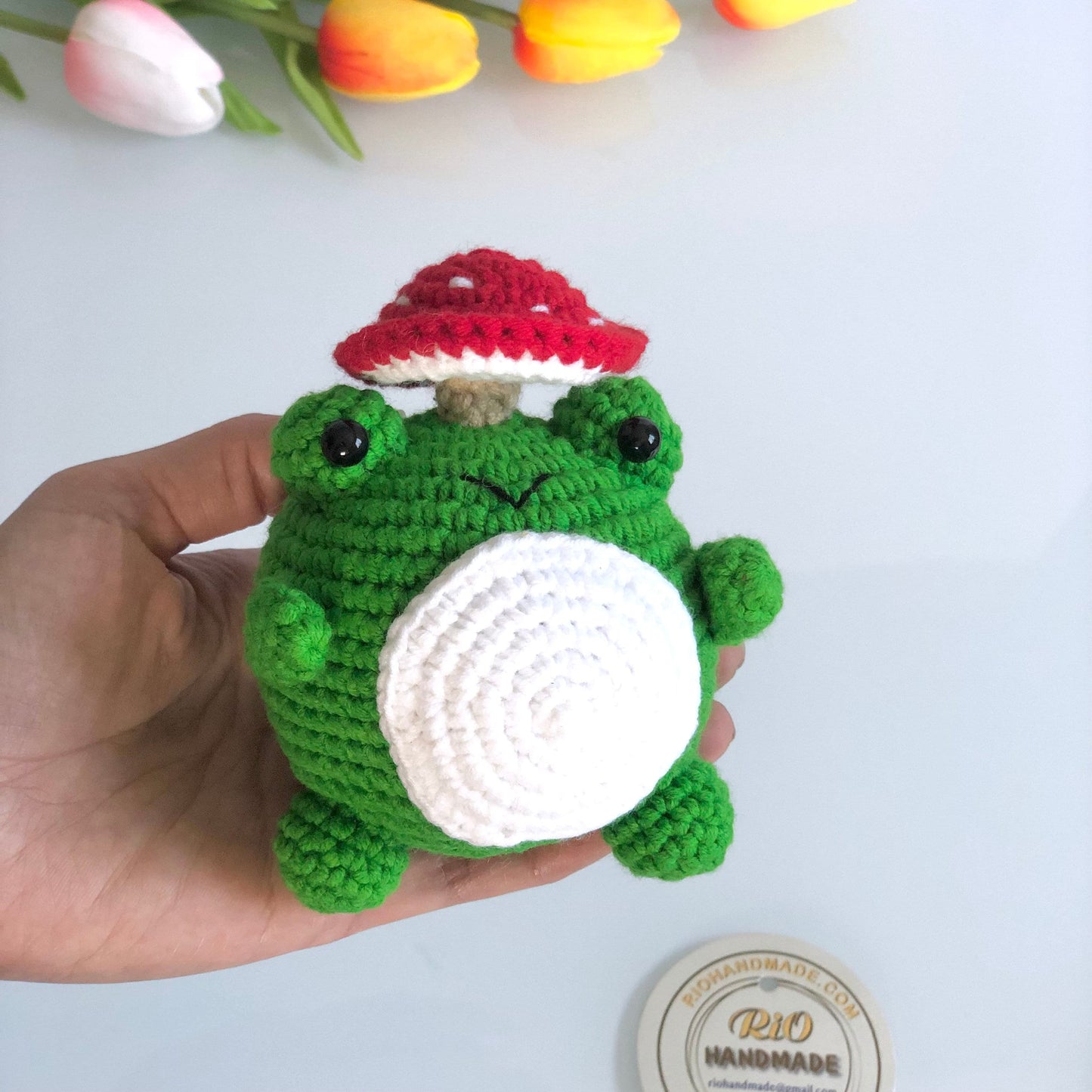 Rio Handmade yarn cotton frog mushroom crochet, amigurumi frog with daisy, cute frog, cute frog plush, home decor, adult hobby
