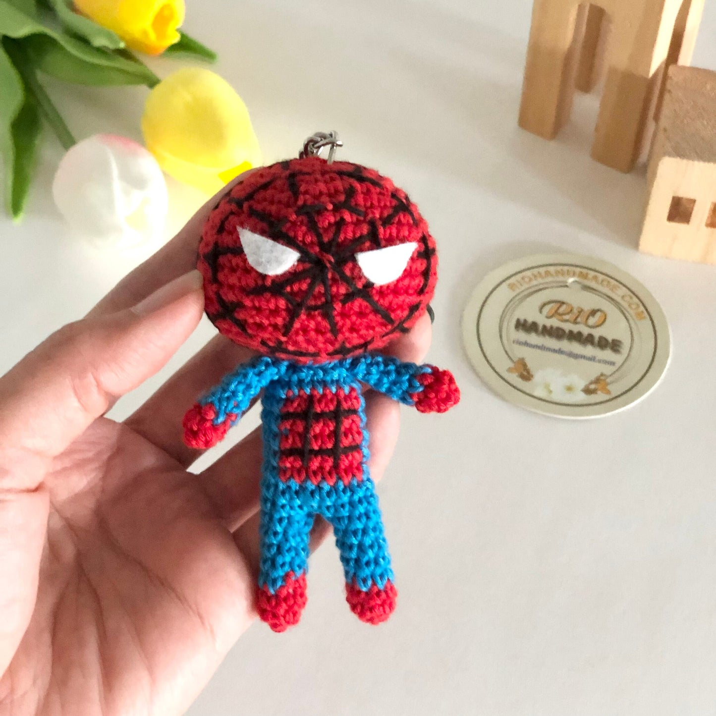 Ready To Ship, Handmade Mini Super Heroes inspired keychain, car rearview mirror charm, crochet spider man, gift, car hanging accessory