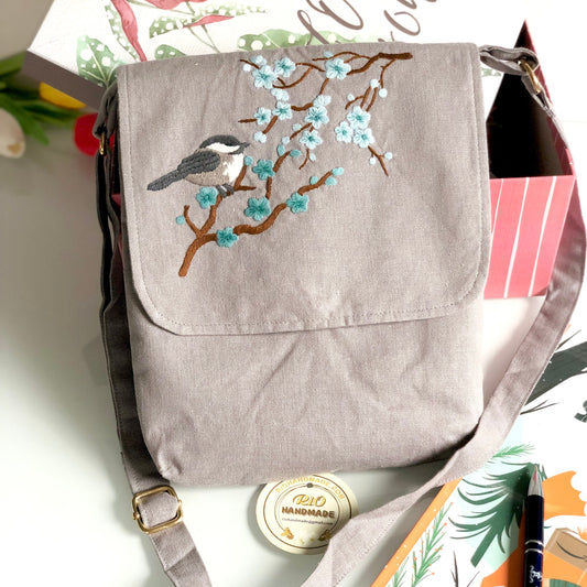 Hand Embroidered Chickadee bird and Cherry Blossom Linen Crossbody Bag, Linen Bag, Crossbody Bag