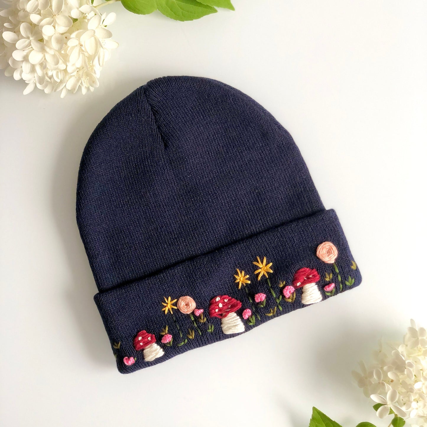 Hand embroidered Beanie, Winter Hat, Plant Hat, Handmade Hat, Mushroom Embroidery