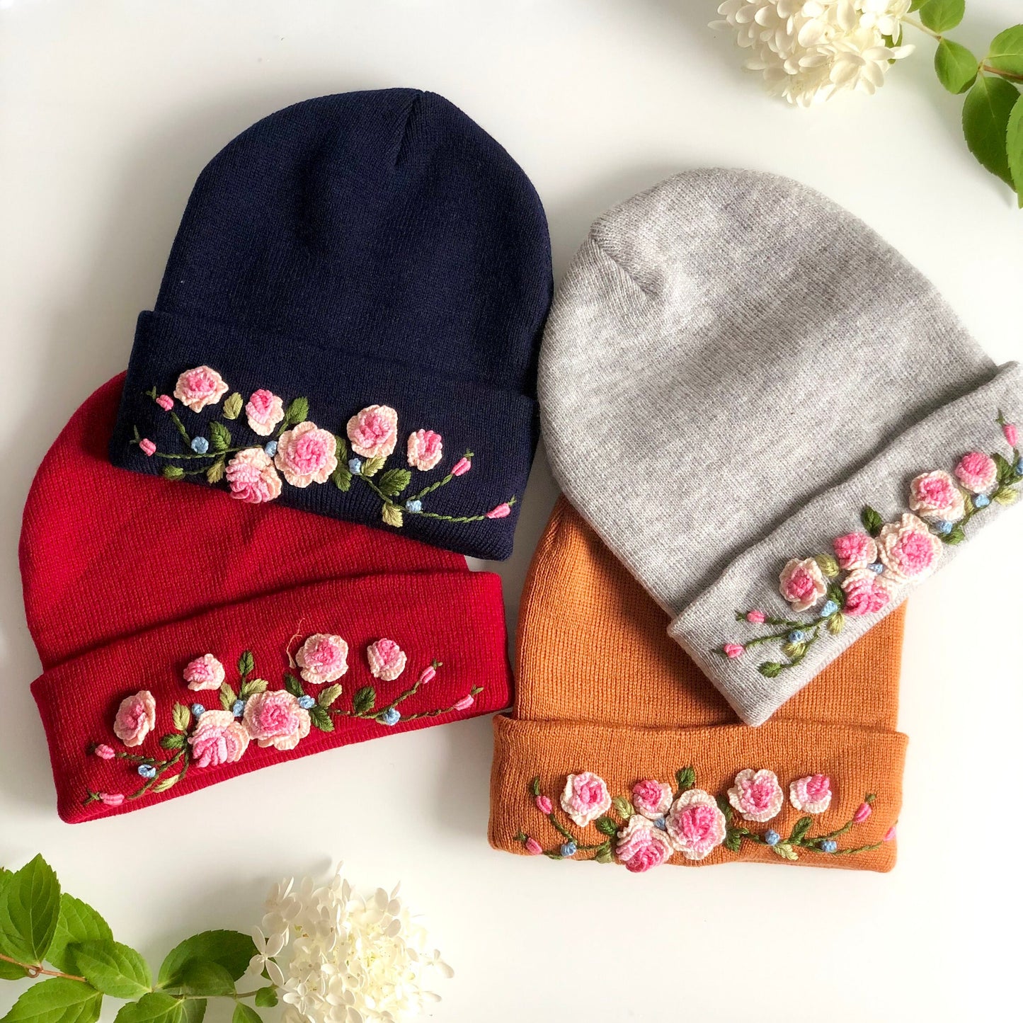 Hand embroidered Beanie, Winter Hat, Rose flower Hat, Handmade Hat, Rose flower Embroidery