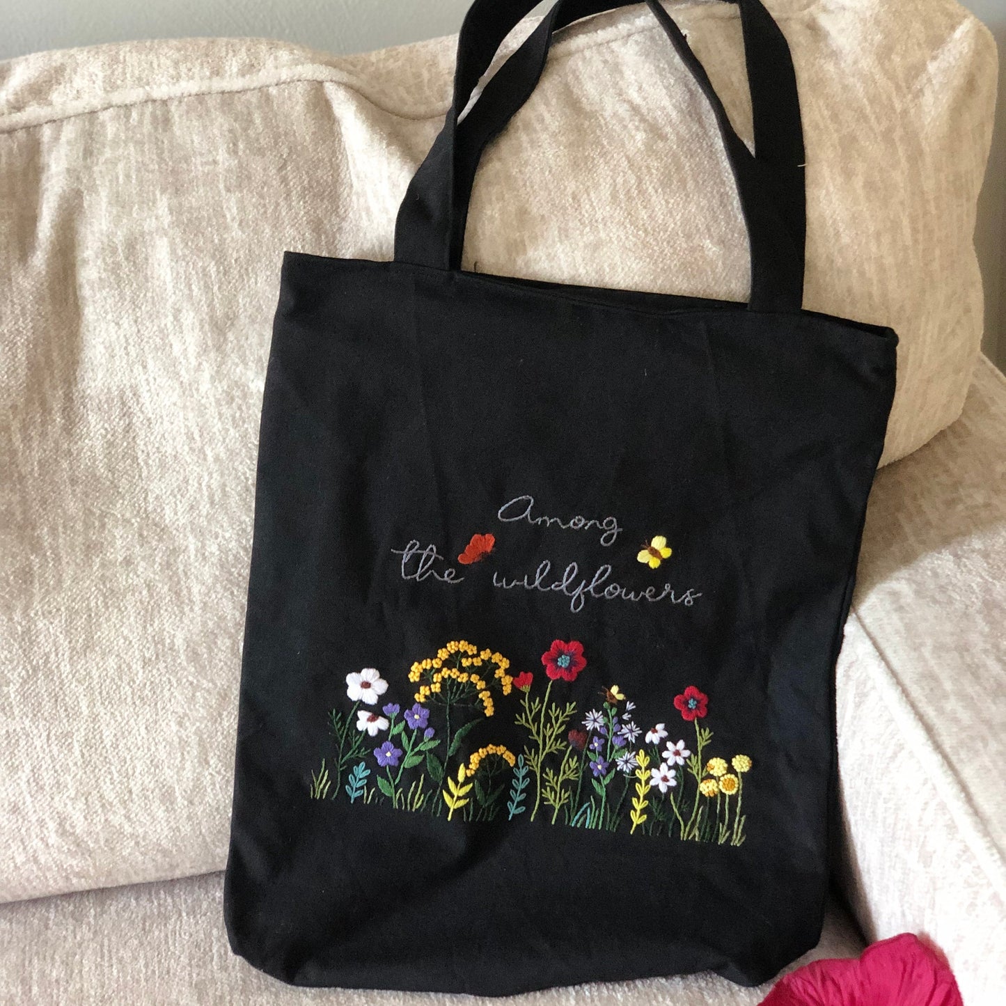 Handmade Linen Embroidery Among WildFlowers, Floral Tote Bag