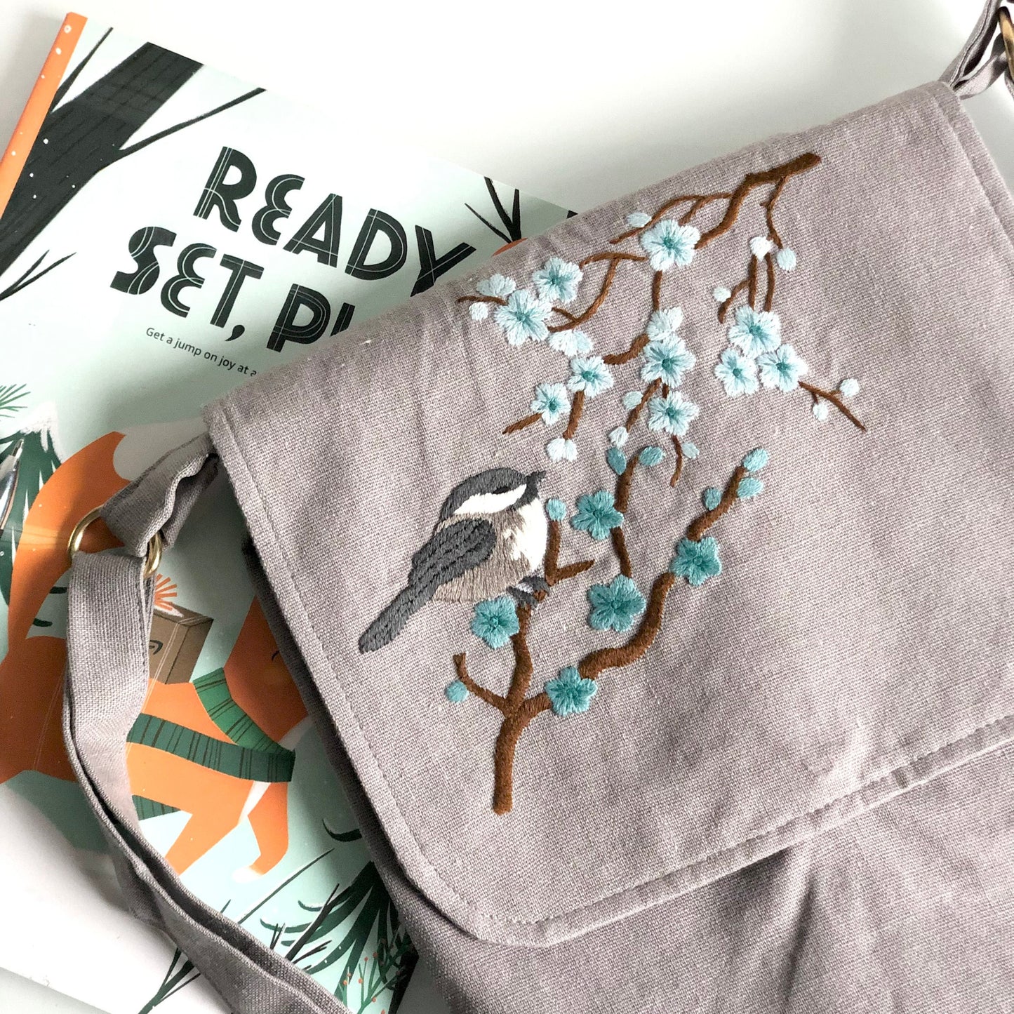 Hand Embroidered Chickadee bird and Cherry Blossom Linen Crossbody Bag, Linen Bag, Crossbody Bag