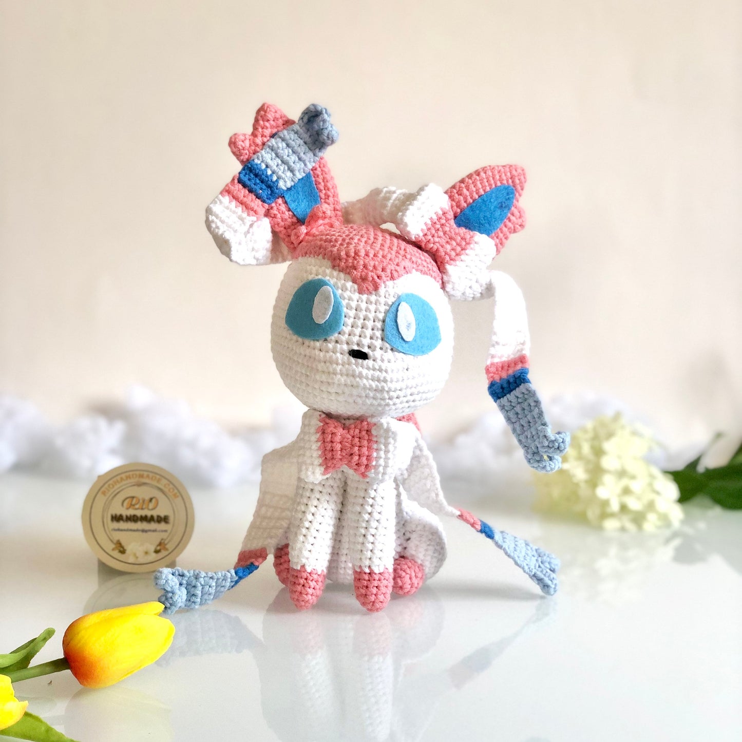 Handmade Cotton Yarn Sylveon Inspired, Crochet Sylveon, Inspired by Pokemon, Amigurumi Toy, cute, toddler, kid, adult hobby