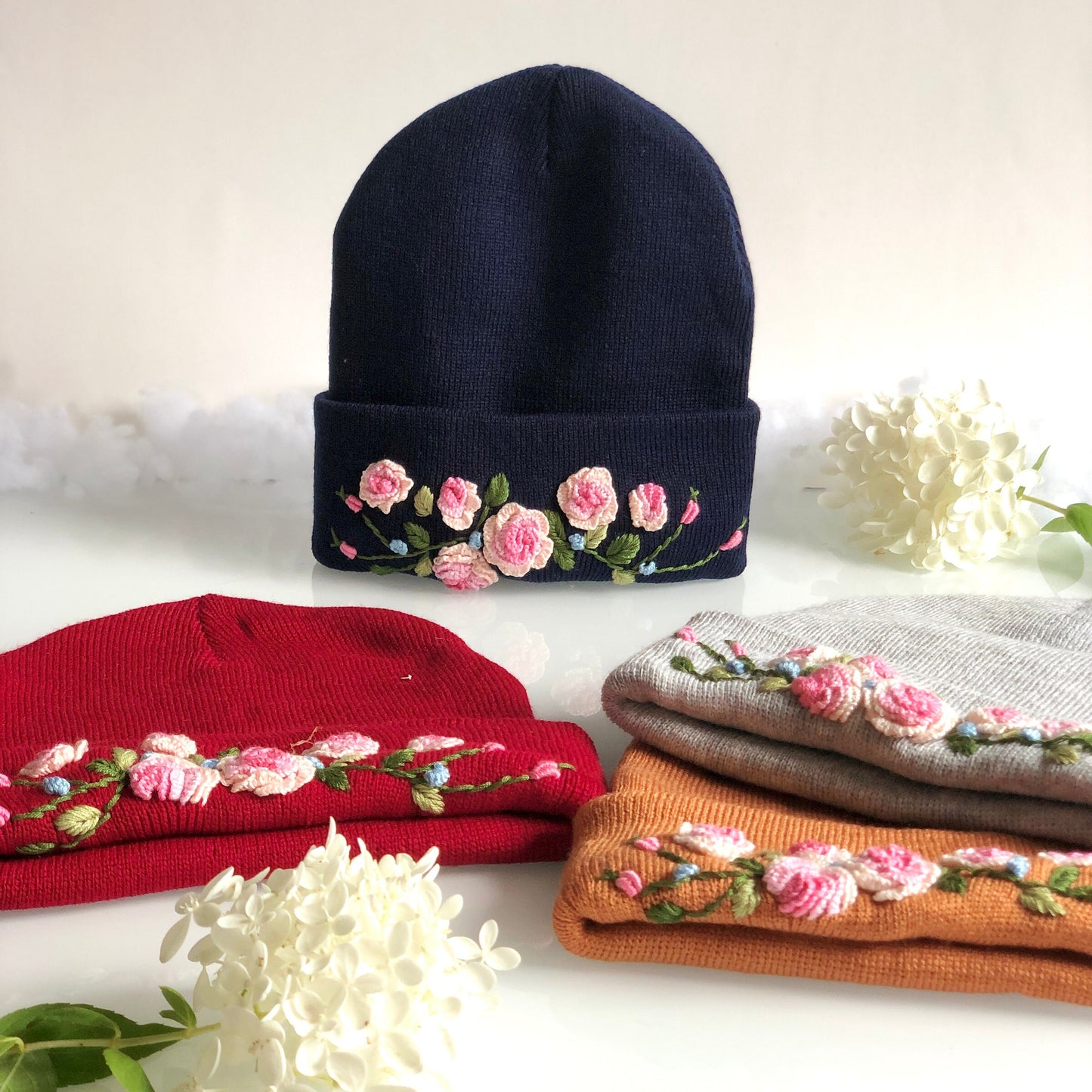 Hand embroidered Beanie, Winter Hat, Rose flower Hat, Handmade Hat, Rose flower Embroidery