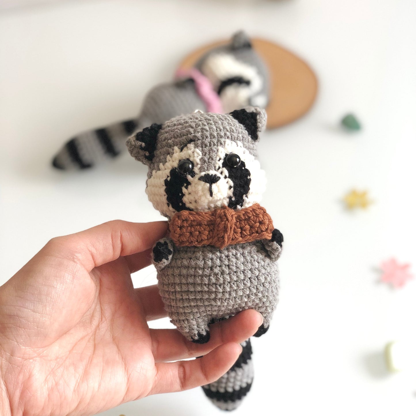 Handmade raccoon crochet, amigurumi stuffed, soft toy for baby, kid, gift, car hanging accessory