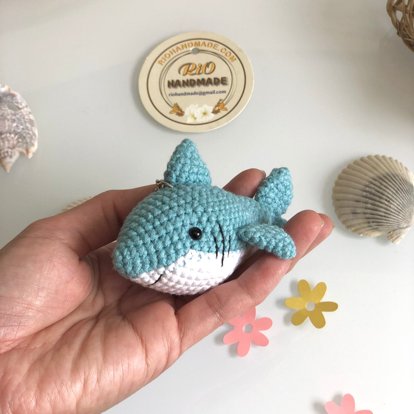 Handmade Shark crochet keychain, pom bag charm, car rear view hanging mirrior, amigurumi, cute gift.