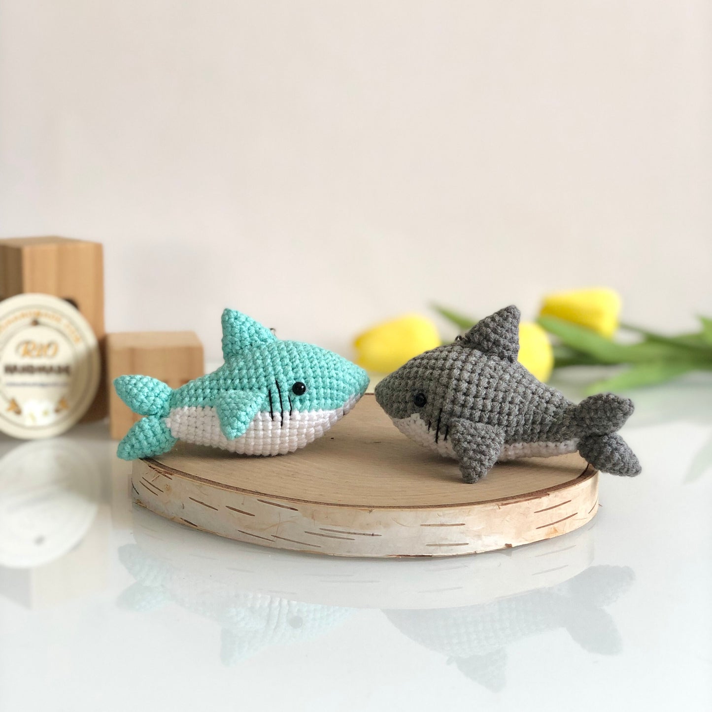 Handmade Shark crochet keychain, pom bag charm, car rear view hanging mirrior, amigurumi, cute gift.