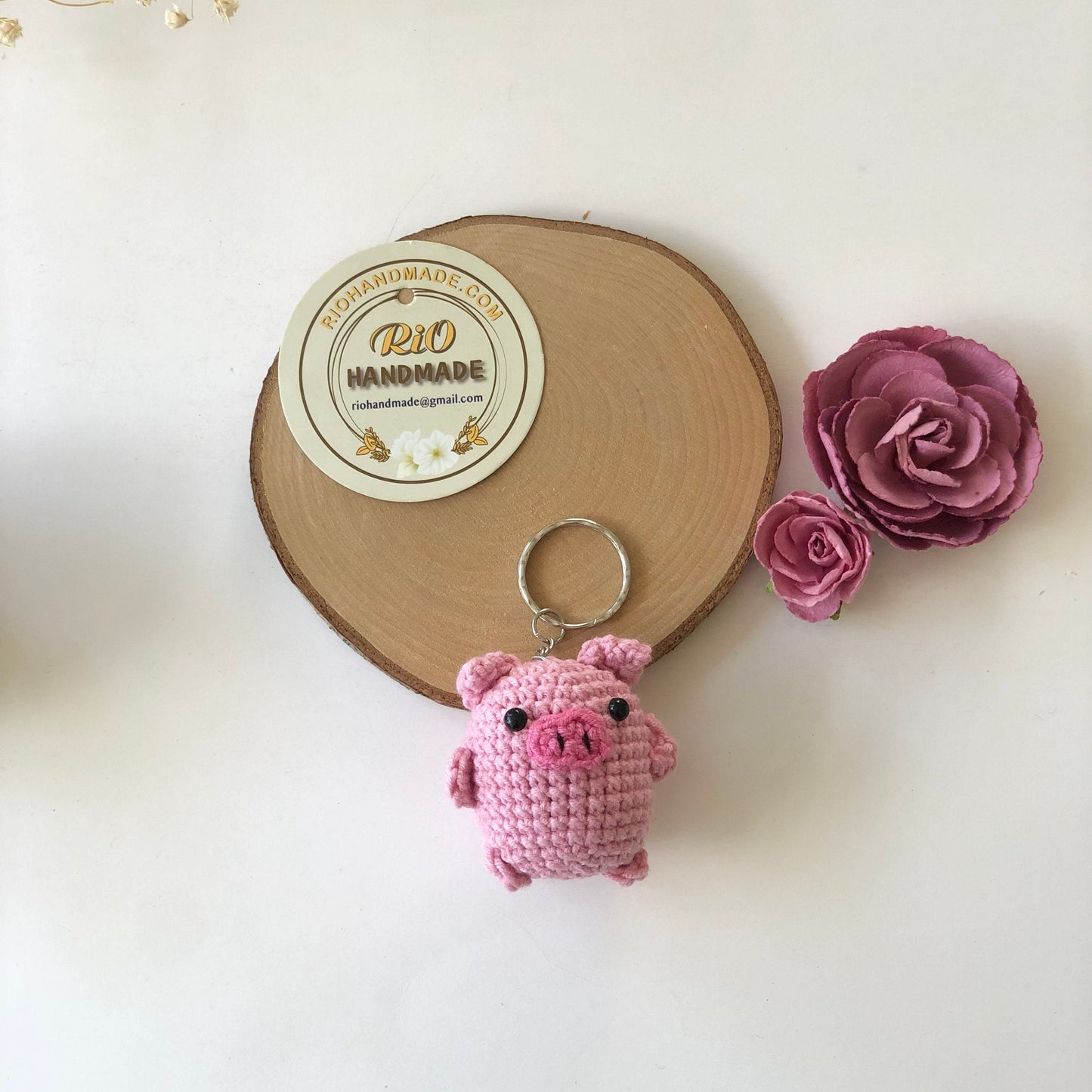 Handmade pink pig crochet keychain mirror charm crochet amigurumi, plushie toy, gift, car hanging accessory