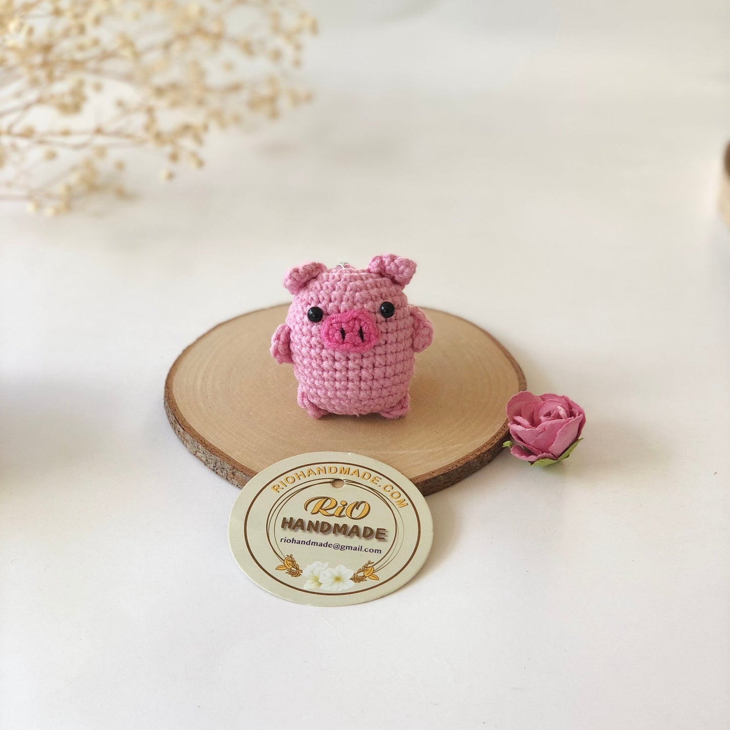 Handmade pink pig crochet keychain mirror charm crochet amigurumi, plushie toy, gift, car hanging accessory