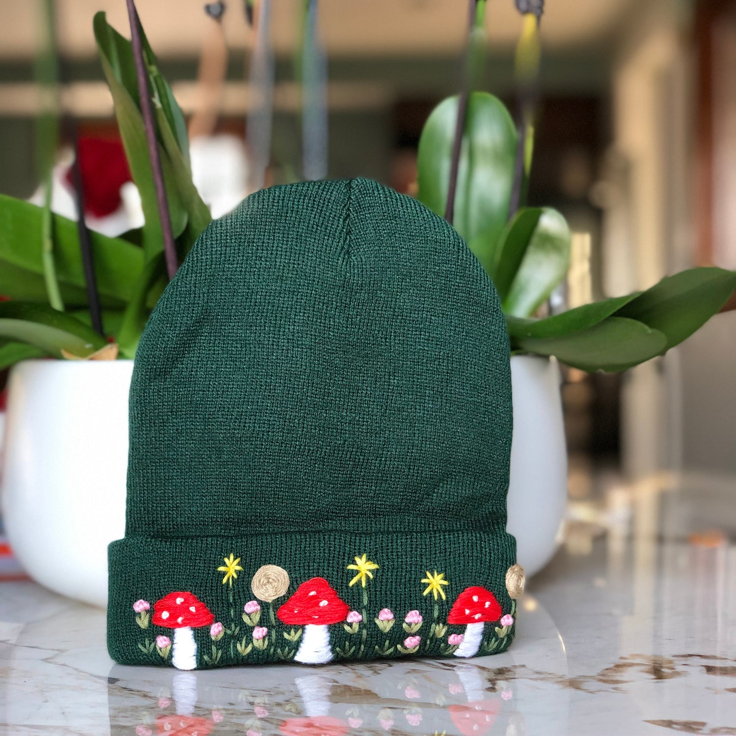 Hand embroidered Beanie, Winter Hat, Plant Hat, Handmade Hat, Mushroom Embroidery