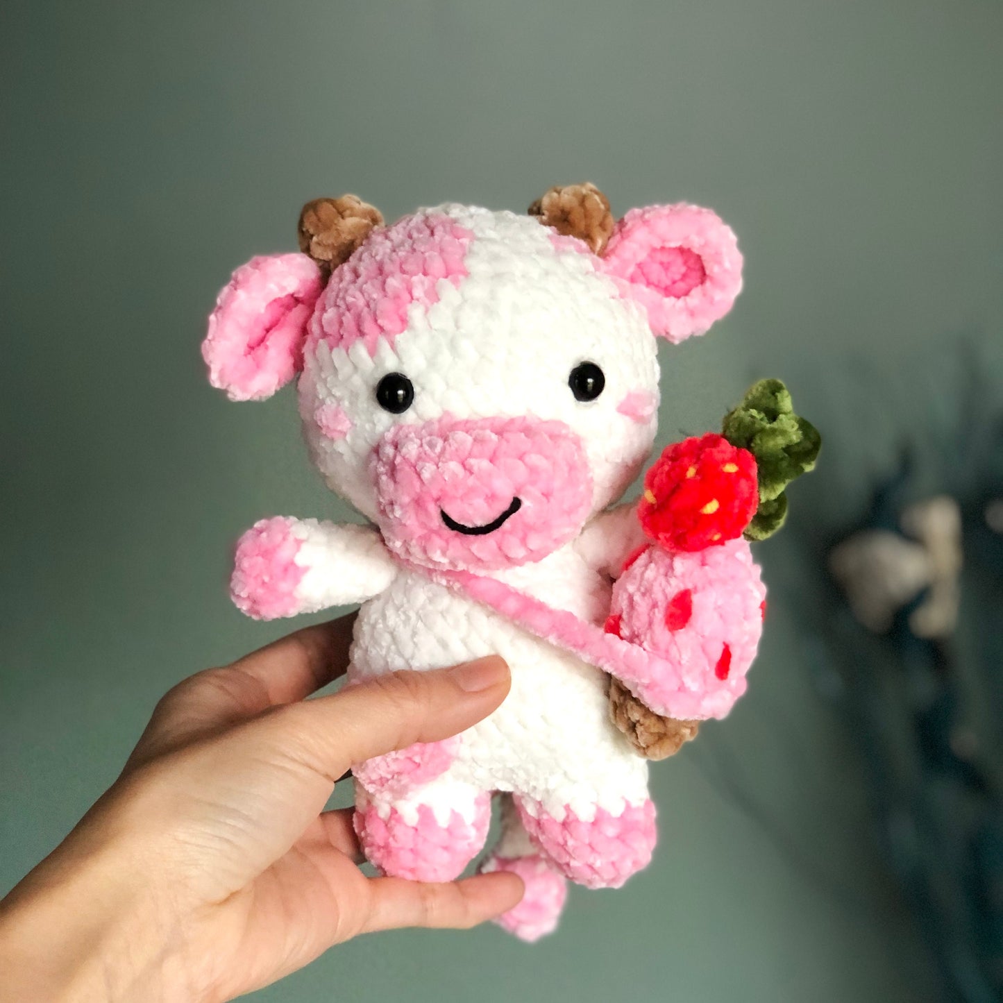 Ready To Ship, Handmade Velvet Cow, Cute Strawberry Cow Plushie  Crochet, Amigurumi Cow cute, Soft Toy For Baby, Toddler, Kid, Adult Hobby