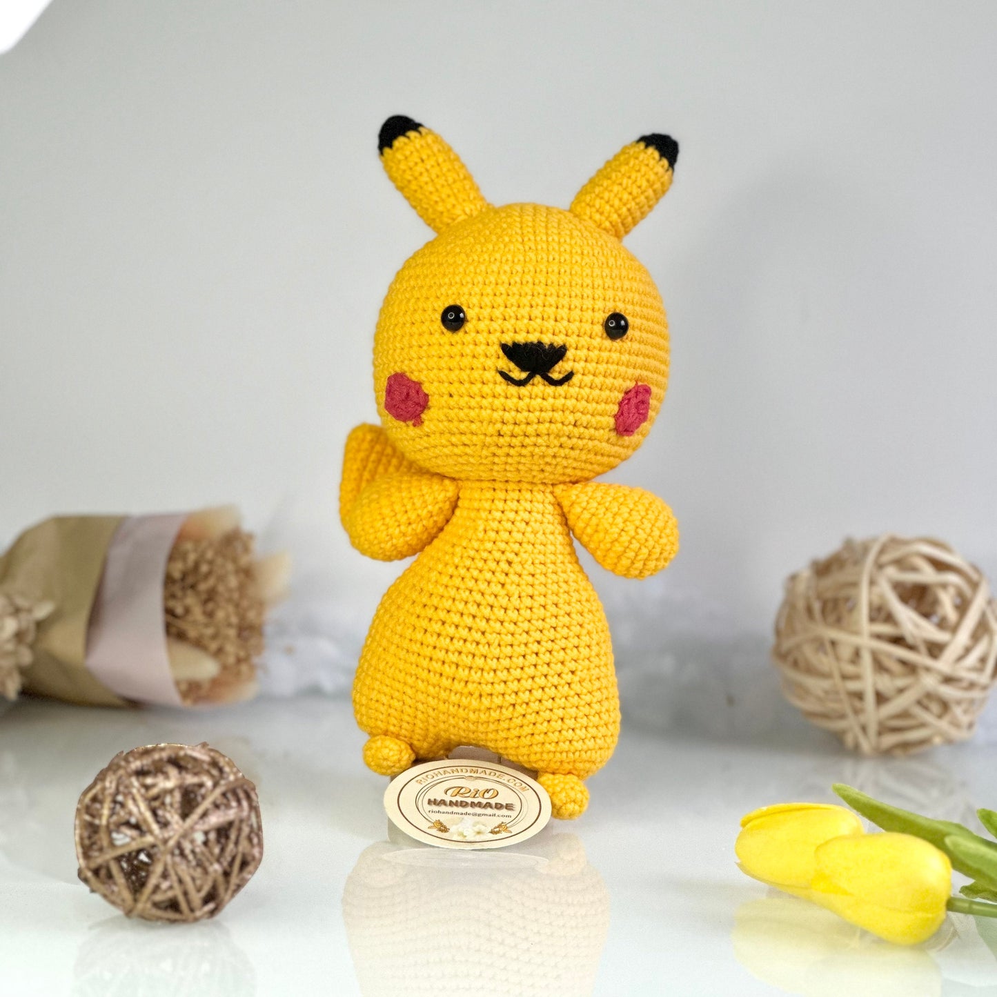 Handmade yarn cotton Pikachu inspired crochet, amigurumi, cute toy for toddler, kid, adult hobby,