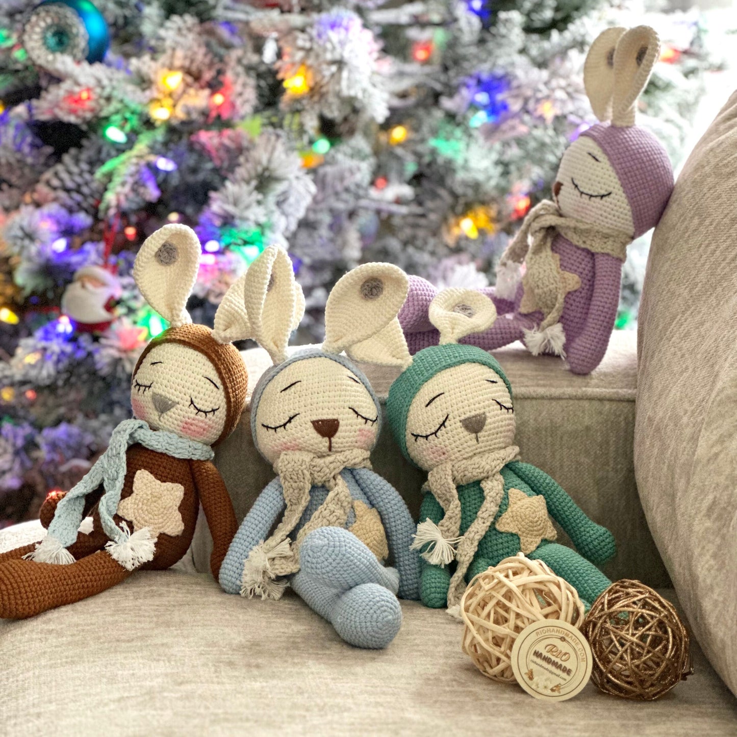 Baby Shower Gift Set For Newborns, Crochet Bunny Doll & Wooden Ring (NO SOUND) Set, Amigurumi Toy, Sleeping Rabbit, Matching Gifts