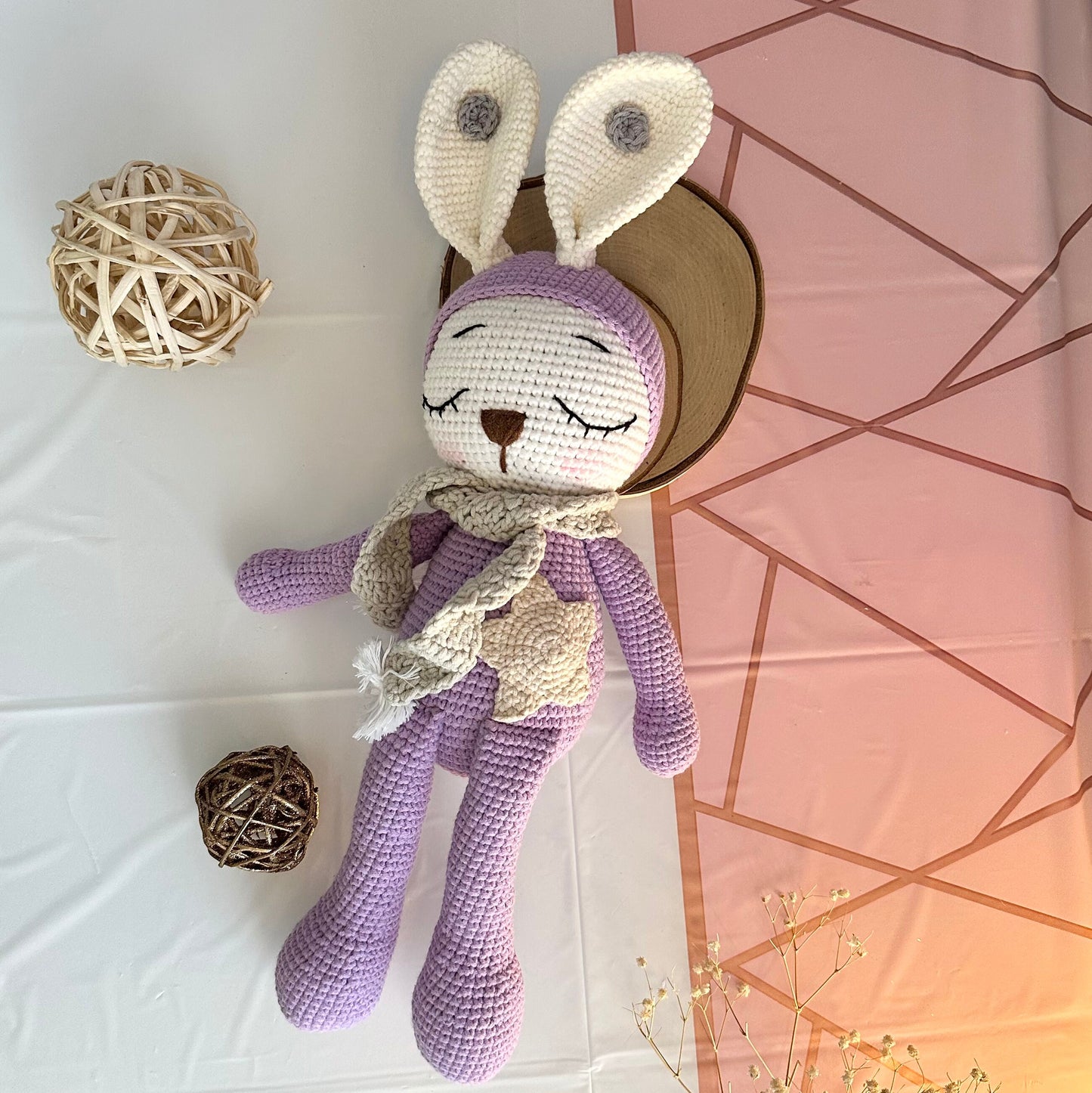 Baby Shower Gift Set For Newborns, Crochet Bunny Doll & Wooden Ring (NO SOUND) Set, Amigurumi Toy, Sleeping Rabbit, Matching Gifts