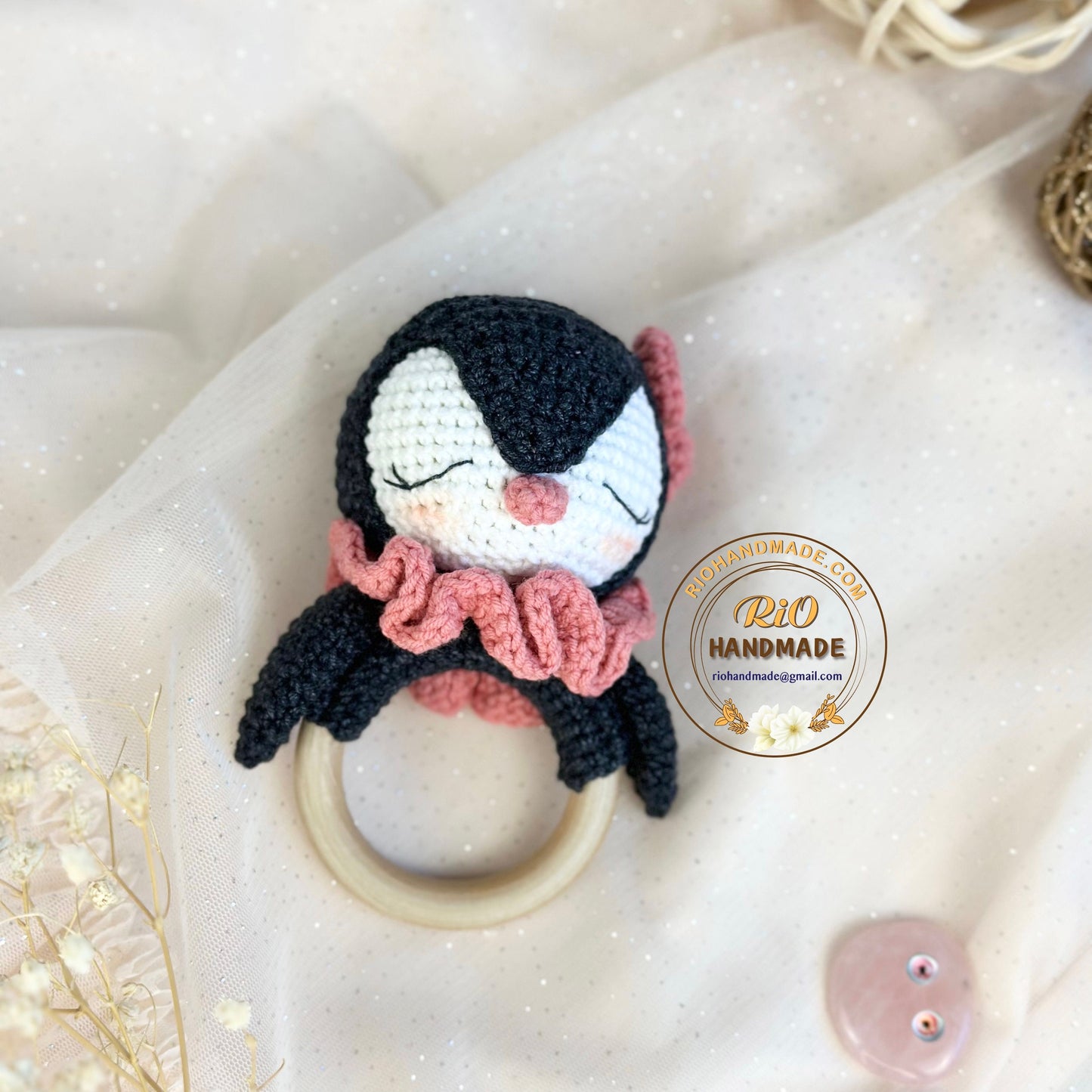 Personalized Baby Rattle, Crochet Penguin Rattle and Matching Toy, Animal Newborn Baby Rattle, Baby Crochet Rattle Gift, Baby Shower Gift