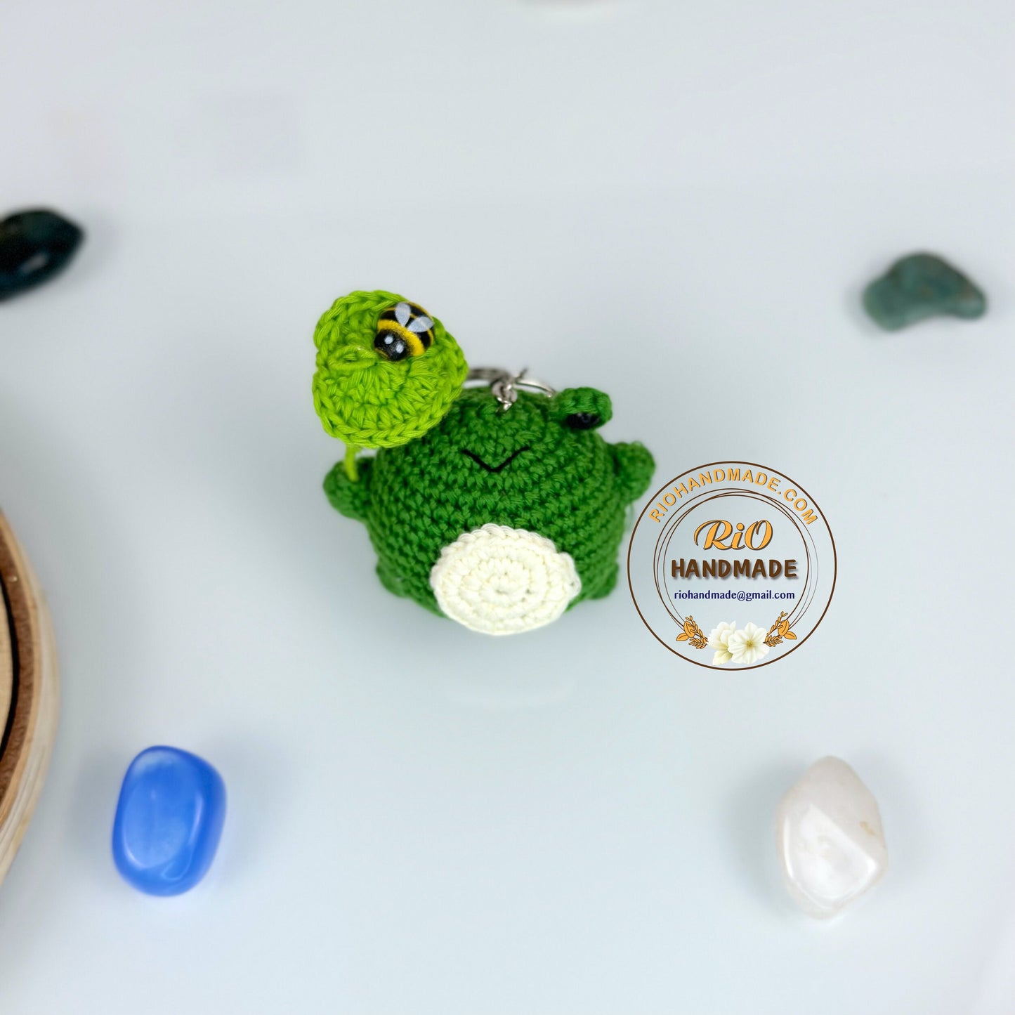 Rio Handmade yarn cotton frog crochet keychain, amigurumi frog with lotus leaf, cute frog car rear view hanging, home decor, adult hobby